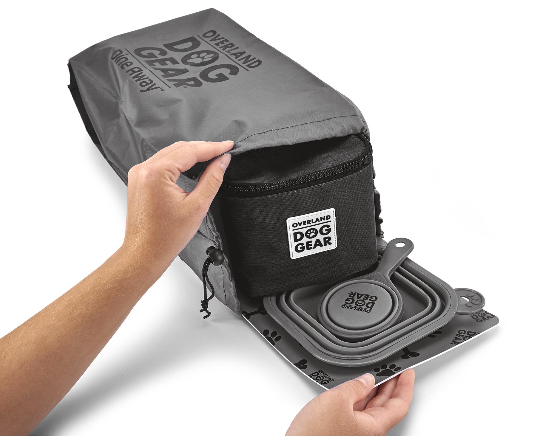 Premium Mobile Dog Gear - Dine Away Travel Bag for Medium & Large Dogs | Includes Lined Food Carriers, 2 Collapsible Bowls, Scooper & Placemat | Perfect for Road Trips, Camping & Outdoor Adventures (Black)