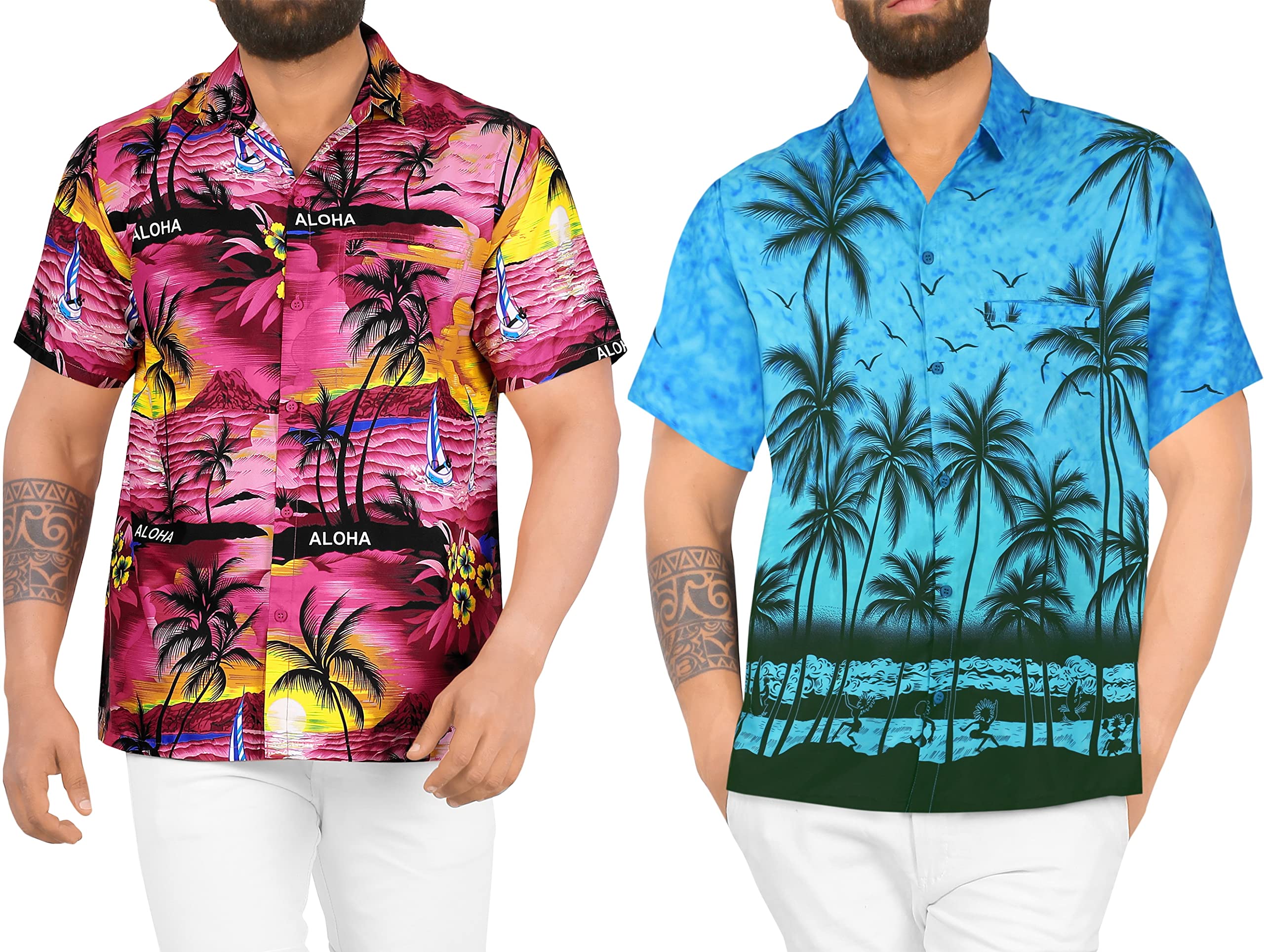 LA LEELA Men's Hawaiian Shirt - XL Size Beach Vacation Shirt with Front Pocket, Pink & Blue Floral Print Button Up Casual Shirt for Summer, Holidays, Pool Party and Tropical Getaways