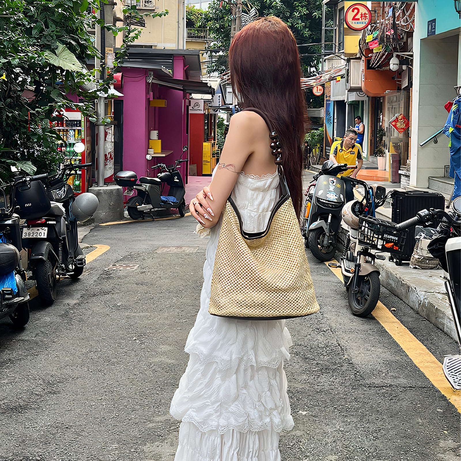 Large Straw Woven Tote Bag for Women - Beach Vacation Travel Handbag with Mesh Shoulder Strap | Perfect for Summer Outings, Pool Parties & Tropical Getaways