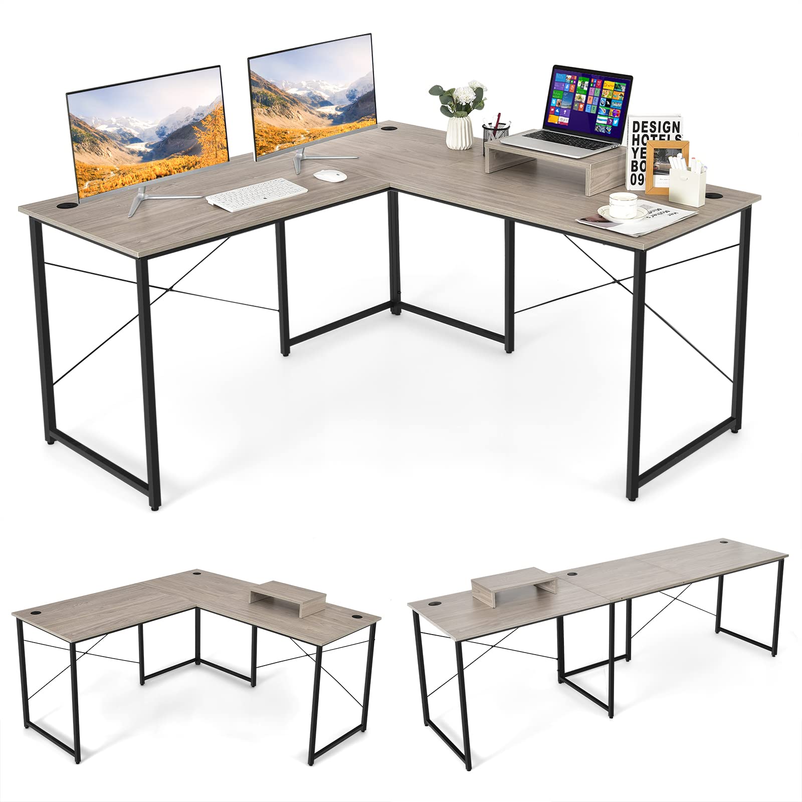 Tangkula 95 Inch L-Shaped Corner Desk - Reversible Computer Desk with Monitor Stand & Cable Management, Large Home Office Gaming Workstation for 2 People, Study Writing Desk (Grey) - Perfect for Small Spaces, Home Offices & Gaming Setups