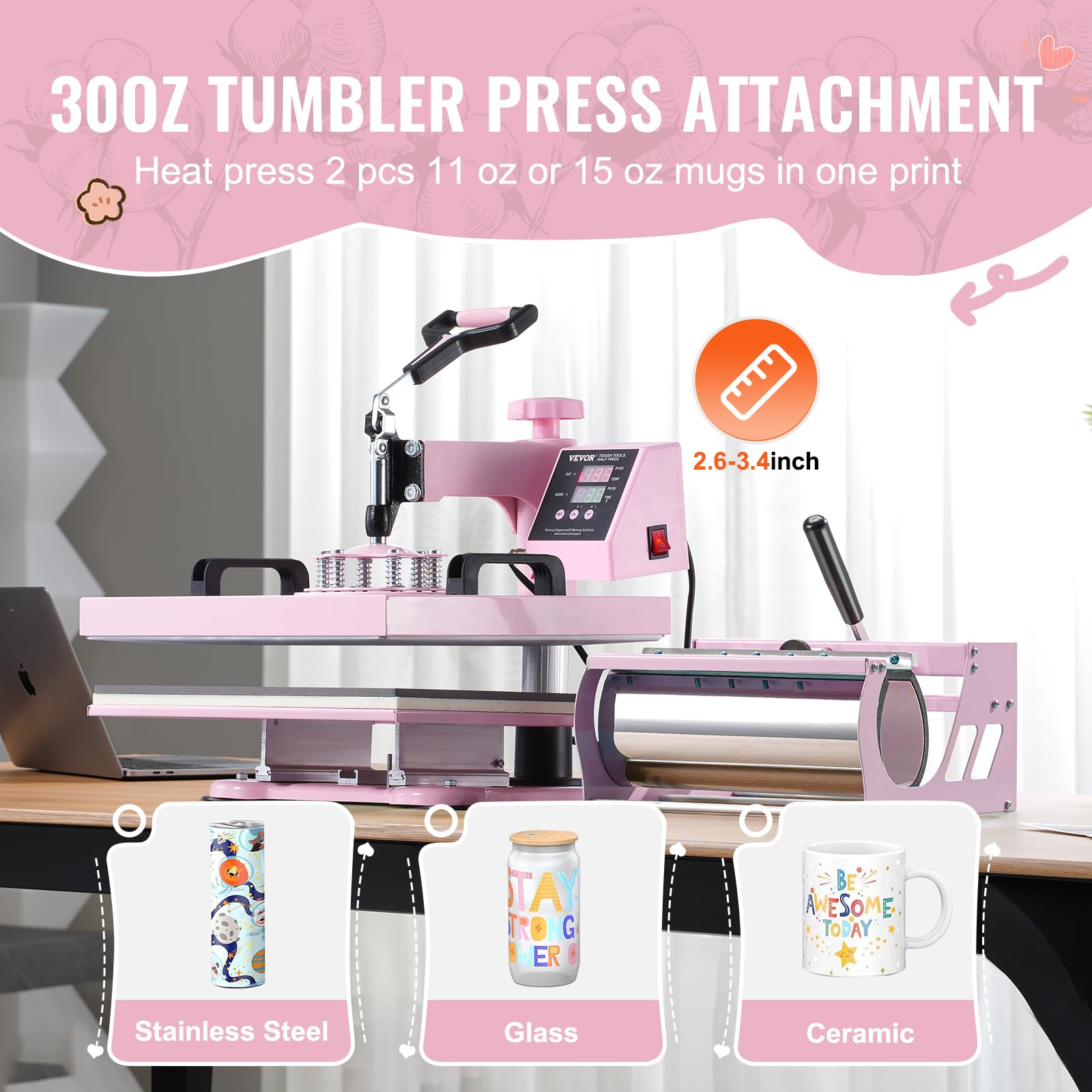VEVOR 15x15 Inch 5-in-1 Heat Press Machine for T-Shirts, Hats, Mugs & Plates - Includes 30oz Tumbler Press - Perfect for Sublimation, DIY Crafts & Small Business (Pink)