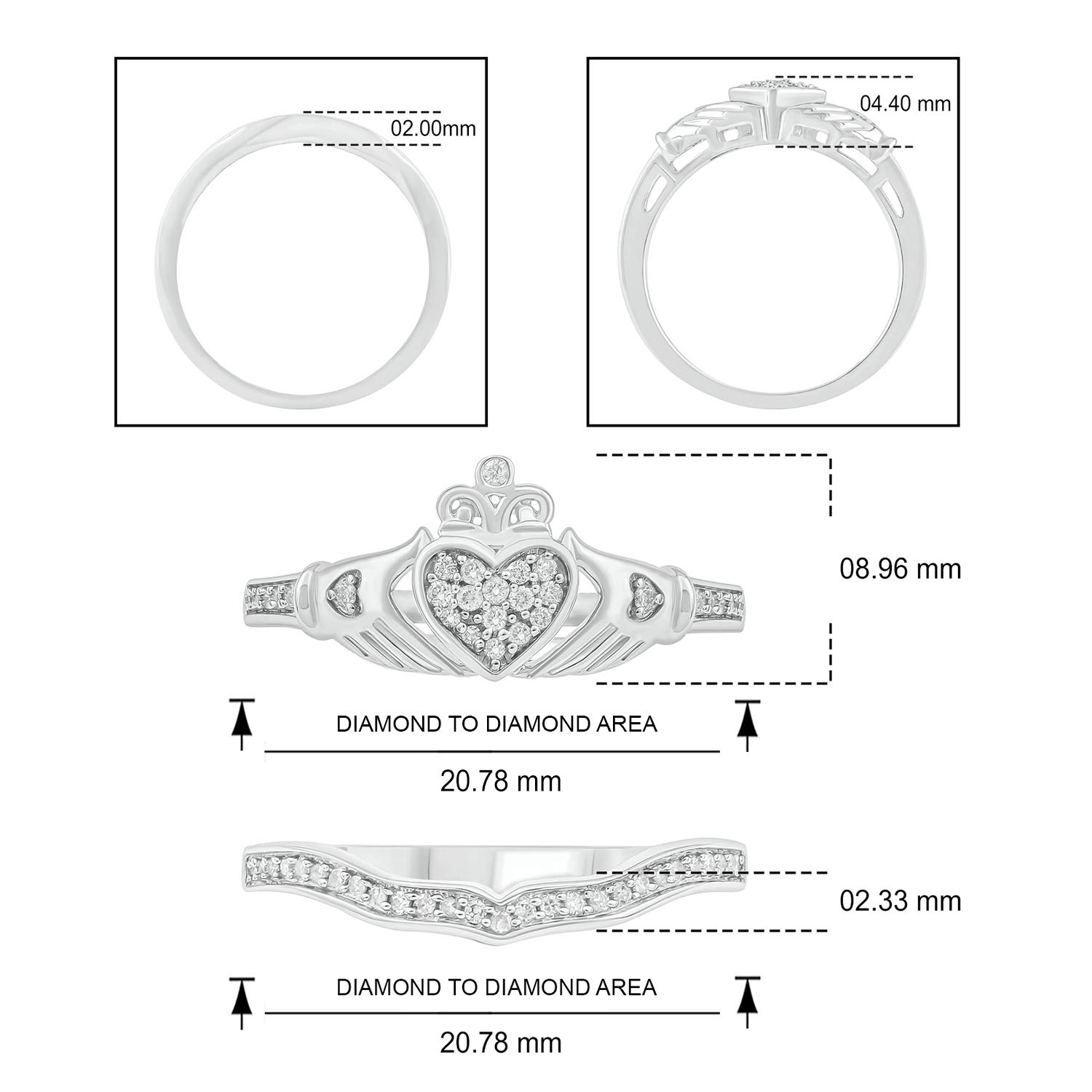 925 Sterling Silver Claddagh Wedding Ring Set for Women - 1/5ct White Diamond Accented Love, Friendship & Loyalty Celtic Ring with Matching Diamond Band | Irish Engagement, Promise Rings & Anniversary Jewelry Gift for Her