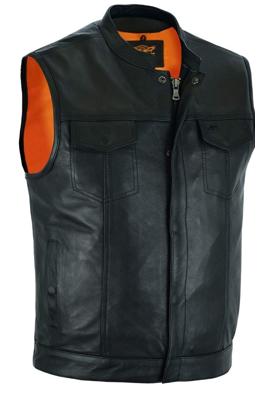 Milwaukee Riders Men's Motorcycle Leather Vest - Butter Soft Riding Jacket with 2 Gun Pockets & Orange Liner | Collar & Collarless Options | Single Panel Back Design | Perfect for Bikers & Outdoor Adventures