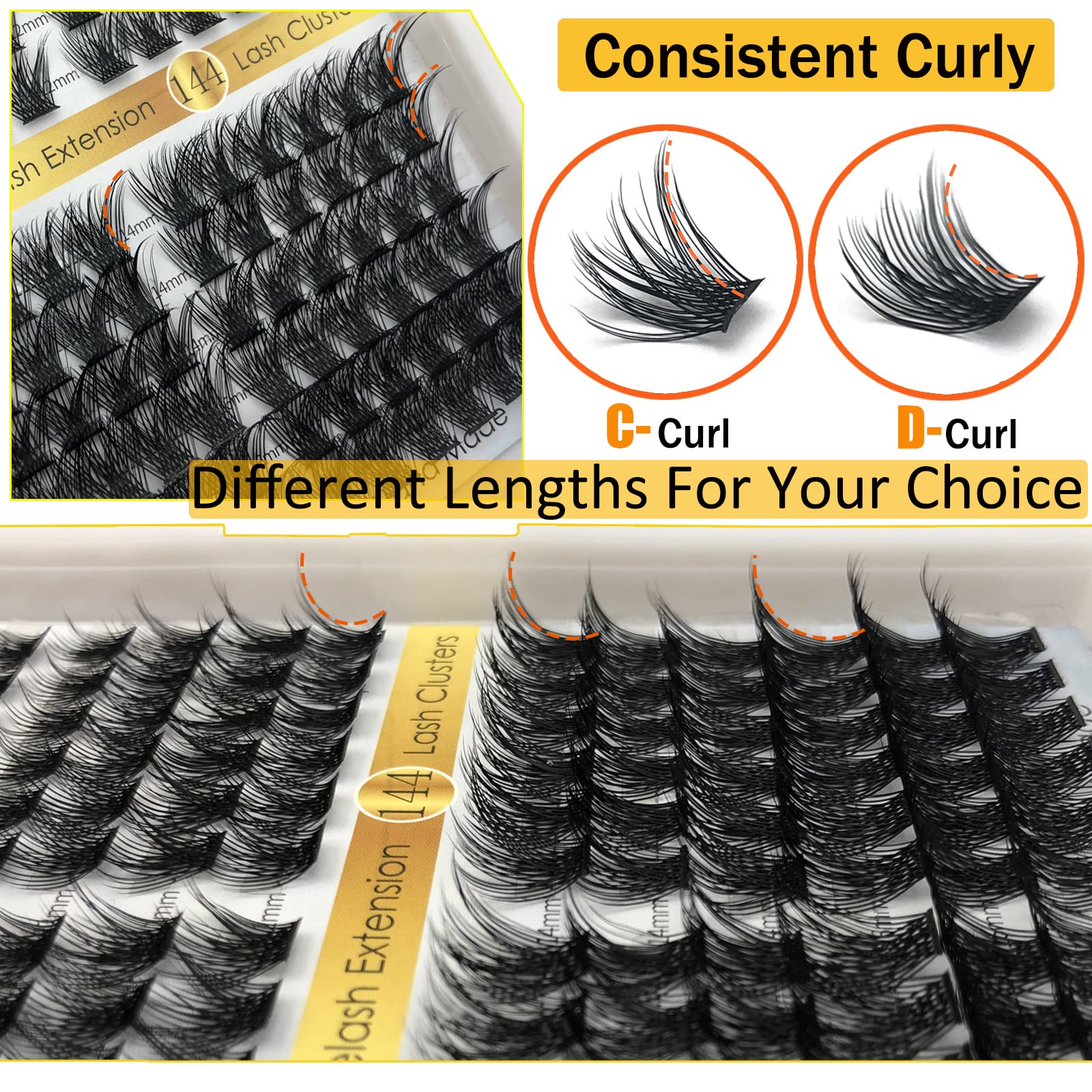 144 Pcs DIY Cluster Lashes - C D Curl 10-16mm Mega Volume Fluffy Individual Eyelash Extensions for Wispy Natural Look | Kmilro (0.07C-10-16mm Mix) | Perfect for Home Use, Parties, Weddings & Special Occasions