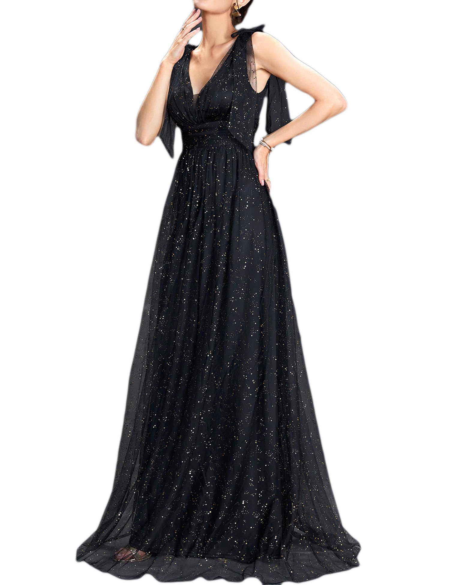 Sparkly Women's Knot-Bow Strap Formal Evening Gown - Elegant V-Neck Long Dress for Wedding Guest, Bridesmaid & Special Occasions | Perfect for Galas, Proms & Cocktail Parties