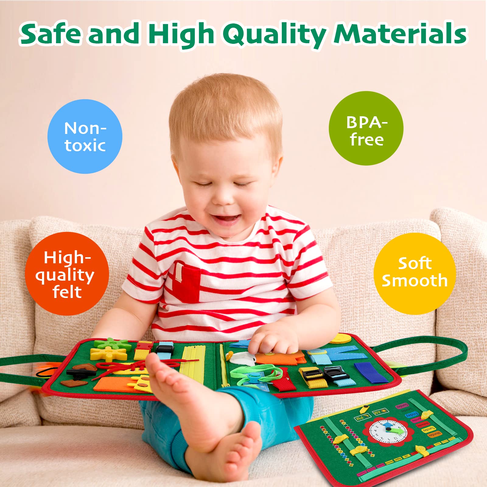 Montessori Busy Board for Toddlers 1-3 - Sensory Travel Toy & Learning Activity Gift for Boys/Girls - Perfect for Airplane & Car Rides