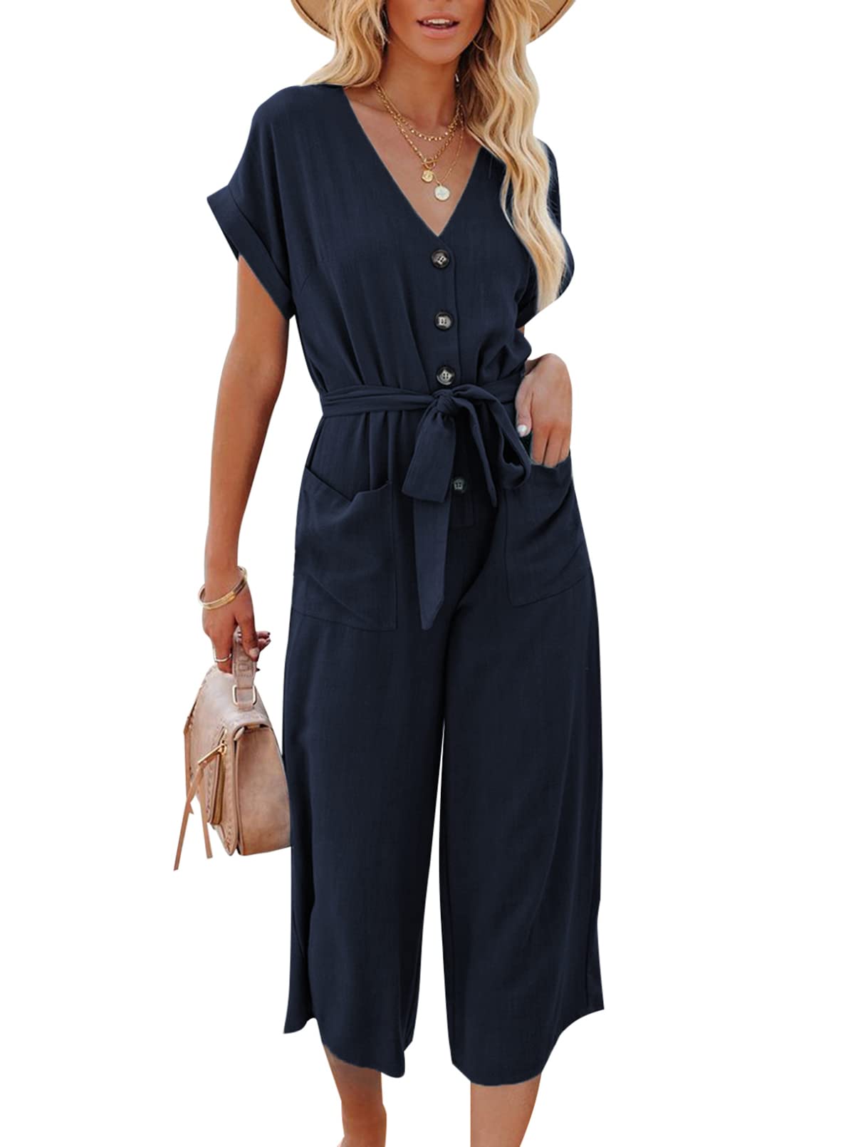 ROSKIKI Women's V-Neck Short Sleeve Jumpsuit with Belt & Pockets - Casual Wide Leg Romper for Summer Outfits, Beach Wear and Vacation Essentials