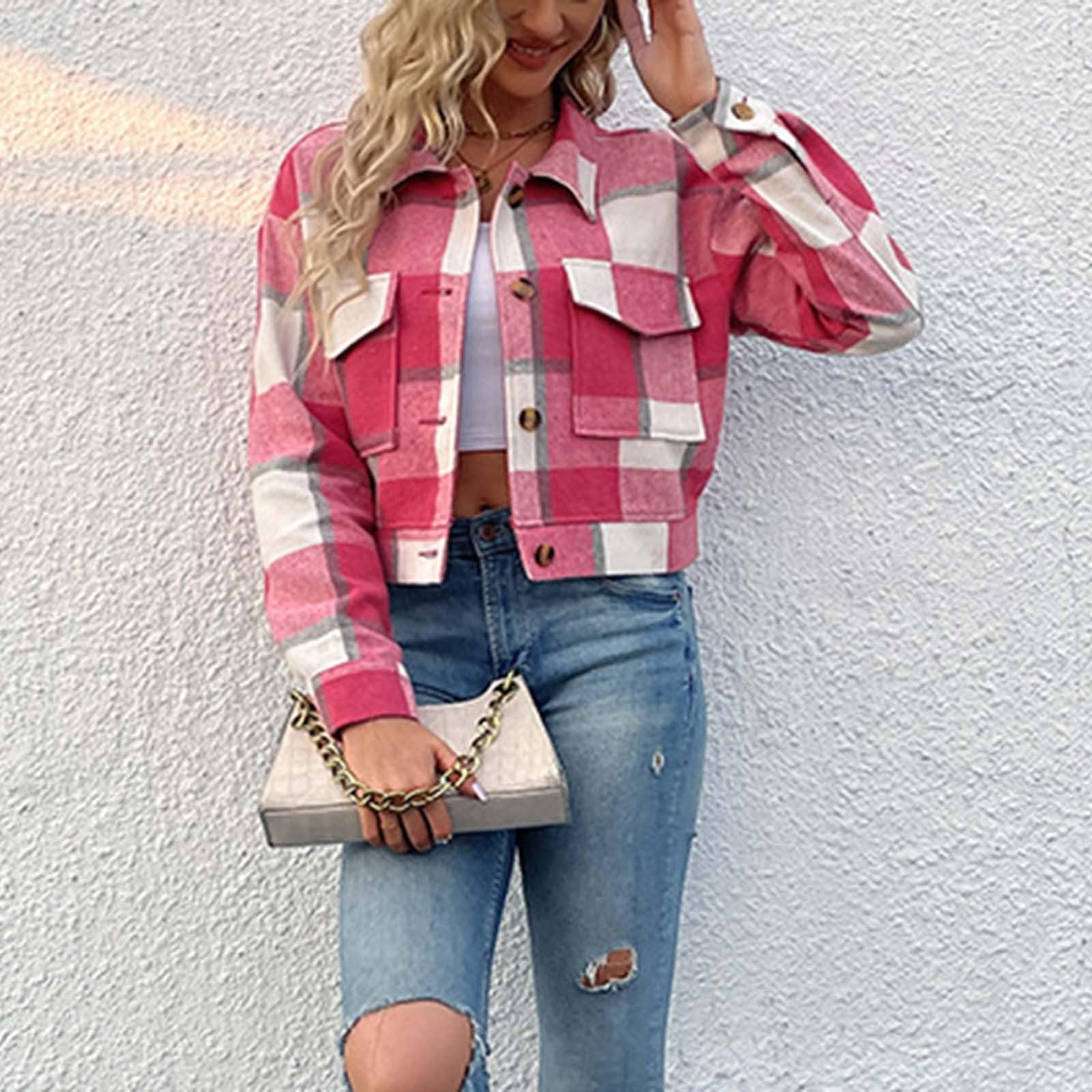 Yihaojia Women's Fashion Cropped Plaid Shacket Jacket - Button Down Long Sleeve Crop Shirt Top for Casual Outfits & Fall Layering