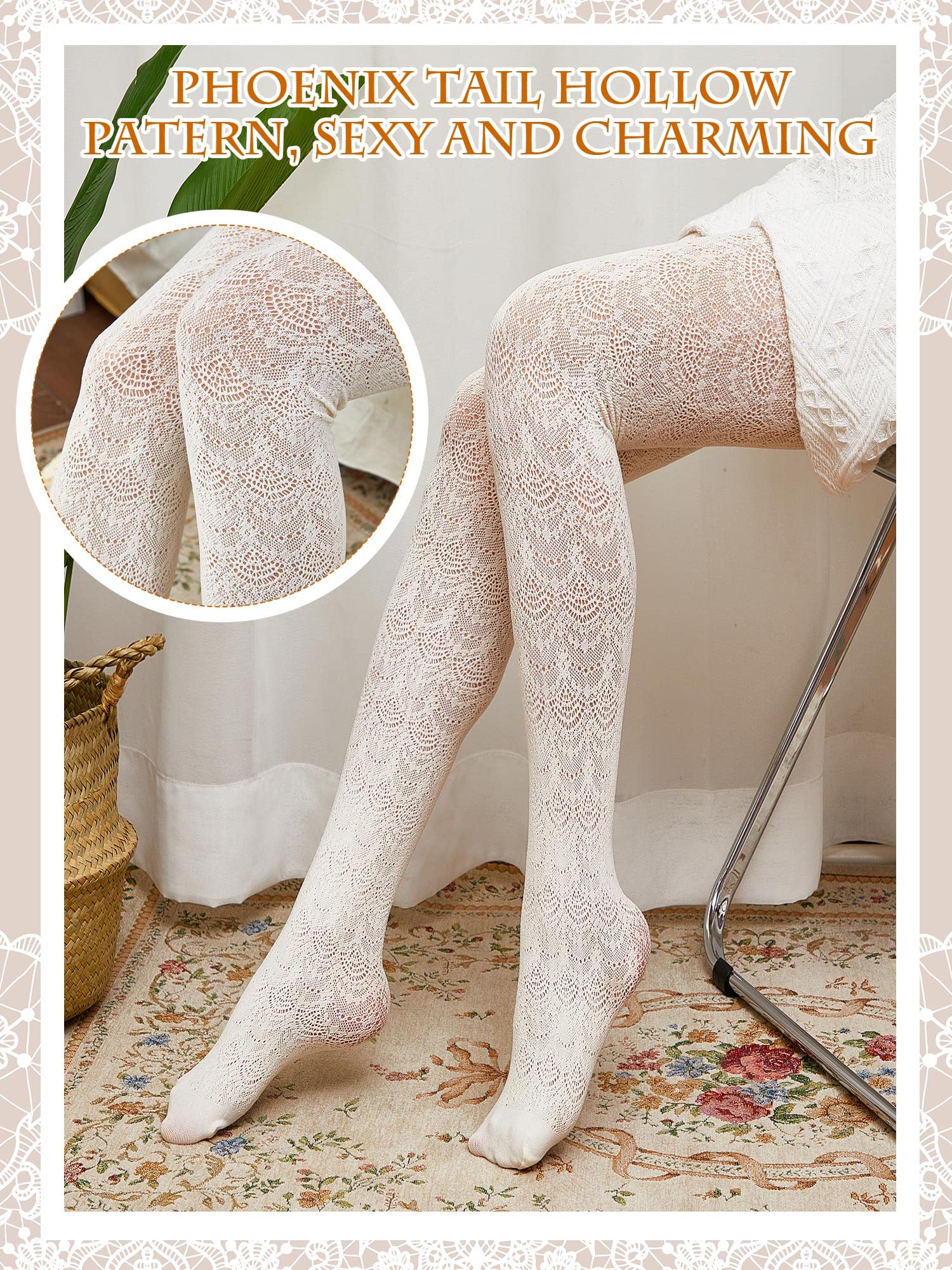 Jiuguva 2-Pack Hollow Out Knitted Pattern Tights for Women - Vertical Striped Cable Knit White Lace Pantyhose & Fishnet Stockings, One Size - Perfect for Parties, Cosplay and Winter Fashion