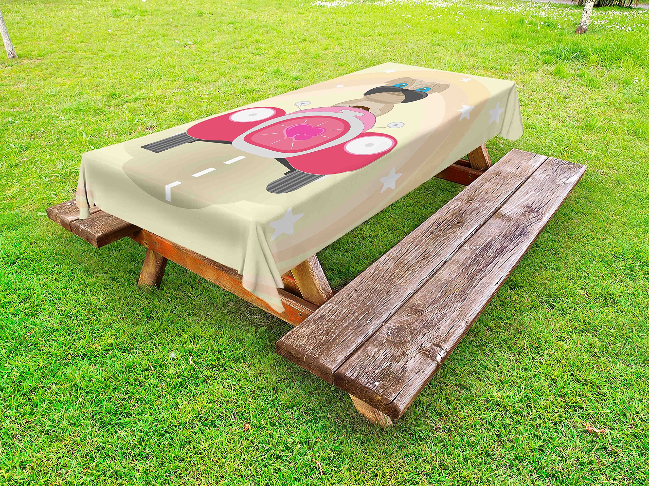 Ambesonne Dog Driver Themed Outdoor Tablecloth - Fun Cartoon Puppy Traveling in a Love Car Design - Washable Picnic Table Cover 58