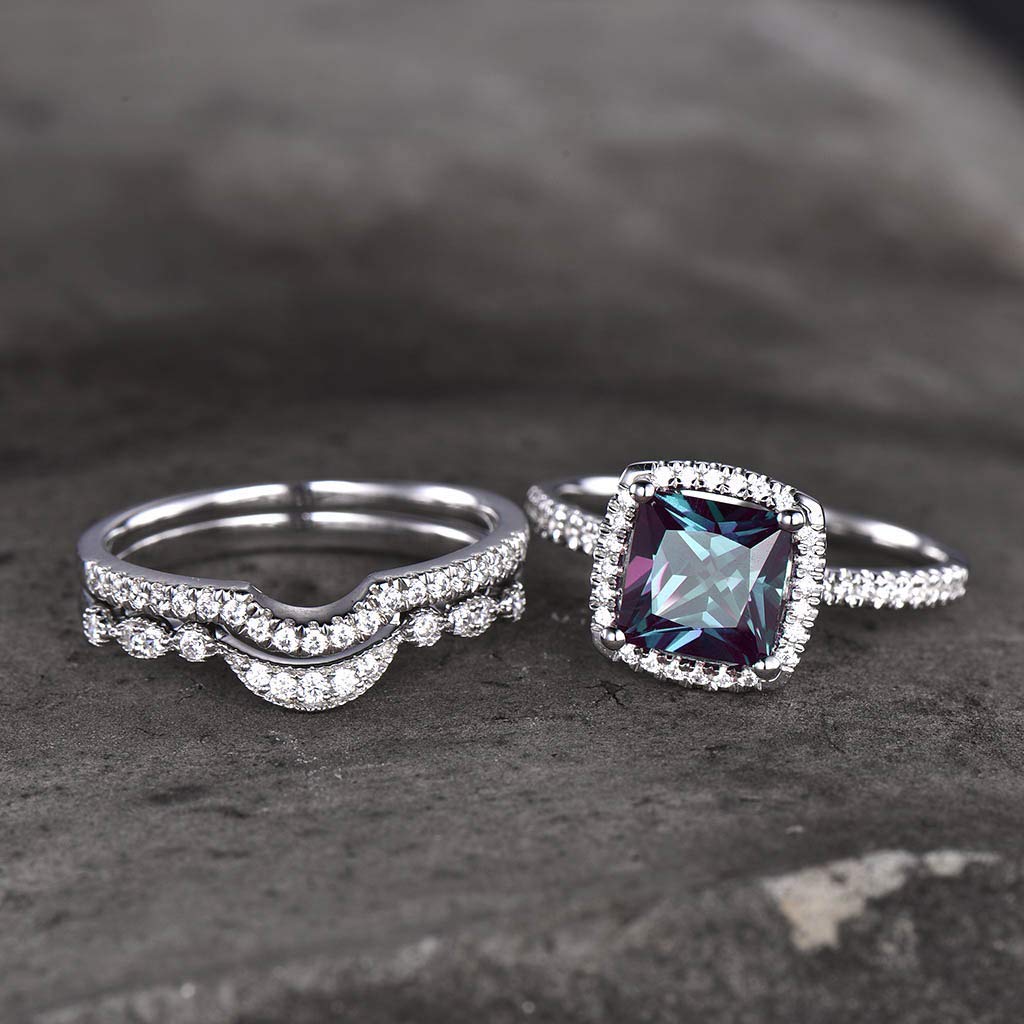 Alexandrite Engagement Ring Set with 7mm Princess Cut & CZ Wedding Band - Elegant Anniversary Gift for Her | Perfect for Proposals, Weddings & Special Occasions