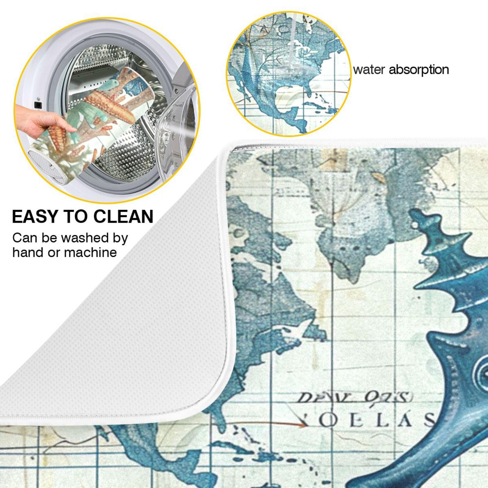 Retro Map Microfiber Dish Drying Mat 16x18in - Absorbent Kitchen Counter Mat for Fast Drainage | Perfect for Coastal-Themed Kitchens