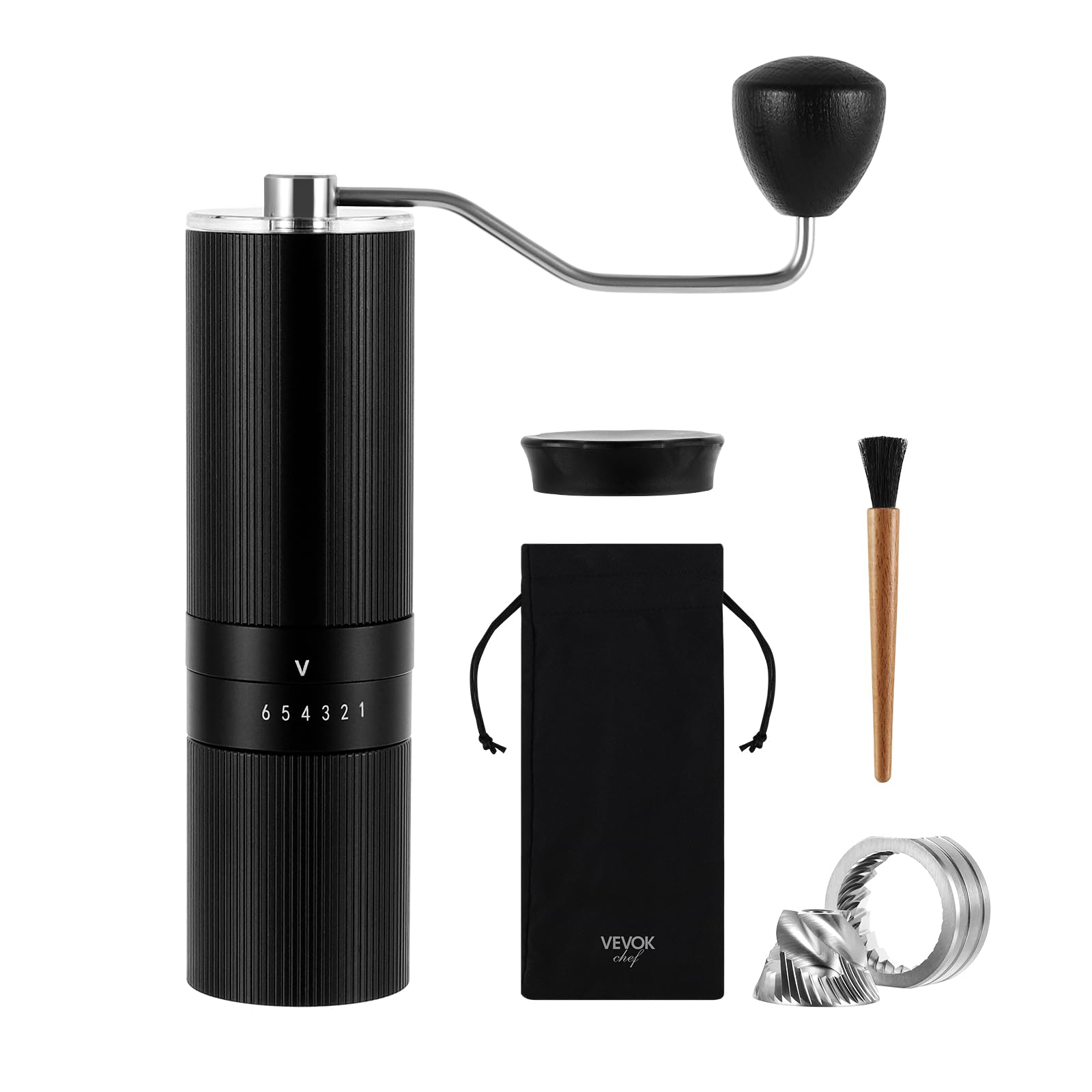 VEVOK CHEF Manual Coffee Grinder - Stainless Steel Conical Burr Mill with 40g Capacity, 6 Adjustable Grind Settings for Espresso, Pour Over & French Press - Portable Hand Crank Coffee Bean Grinder for Home, Office, Camping & Travel