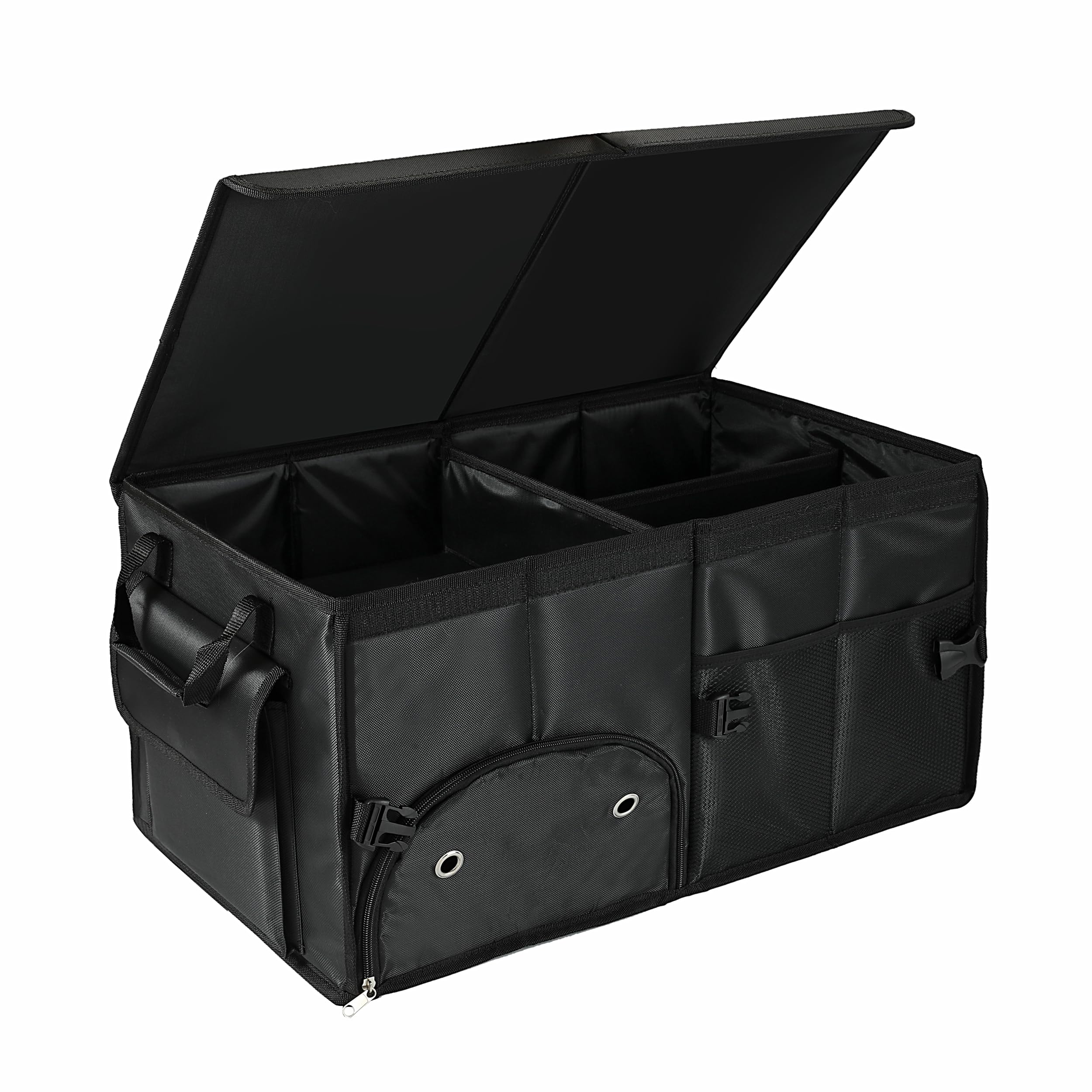 Car Trunk Organizer with Lid - Collapsible Multi-Compartment SUV Storage Organizer with Shoe Bag (Black) | Perfect for Road Trips, Grocery Shopping & Car Organization