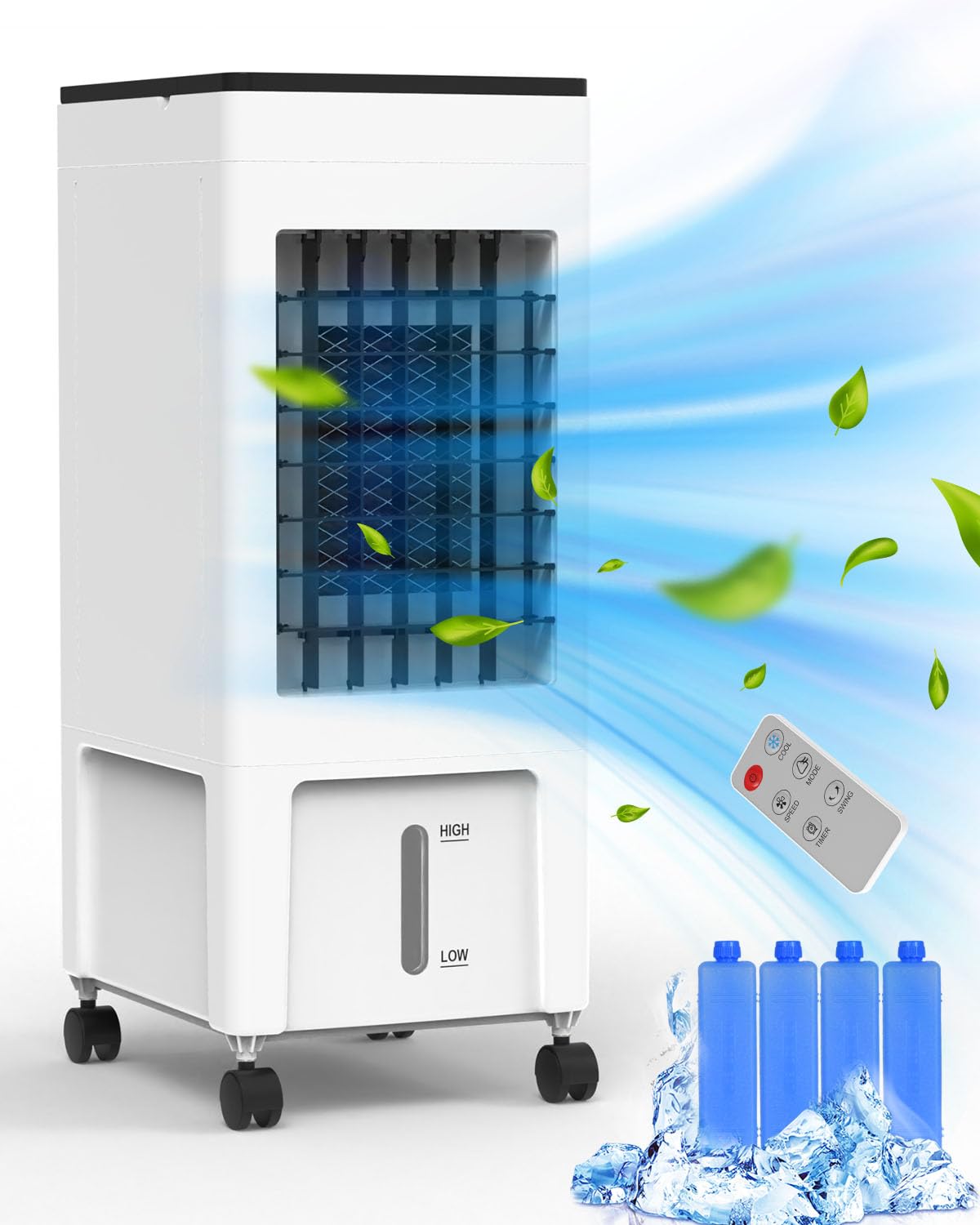 Portable Evaporative Air Cooler - 3-in-1 Swamp Cooler with 2 Gallon Water Tank, 3 Speed Settings, 4 Ice Packs, Timer & Oscillation - Windowless Cooling Fan for Bedroom, Home Office - Perfect for Summer, Hot Weather & Indoor Spaces
