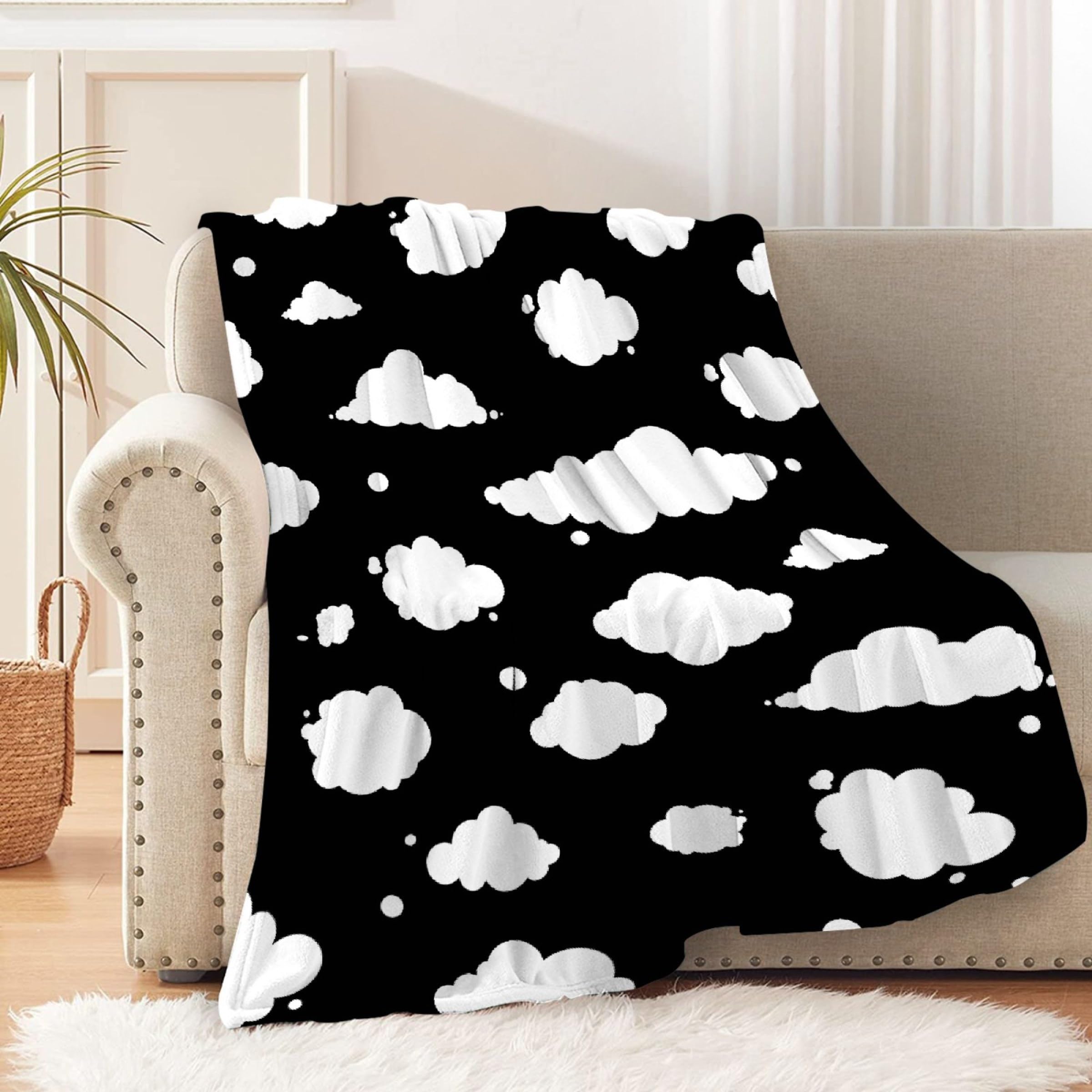 Sumedha Black and White Cloud Print Flannel Throw Blanket - Ultra Soft Lightweight Oversized 120