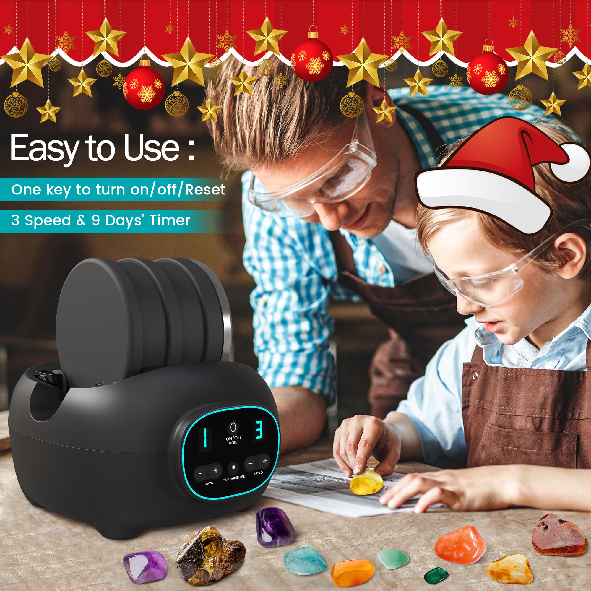 Professional Rock Tumbler Kit for Adults & Kids - 3LB Leak-Proof Rubber Barrel with 1LB Rough Rocks & 4 Polishing Grits - STEM Educational Toy for Geology Enthusiasts - Perfect for Christmas Gifts, Science Projects & DIY Jewelry Making
