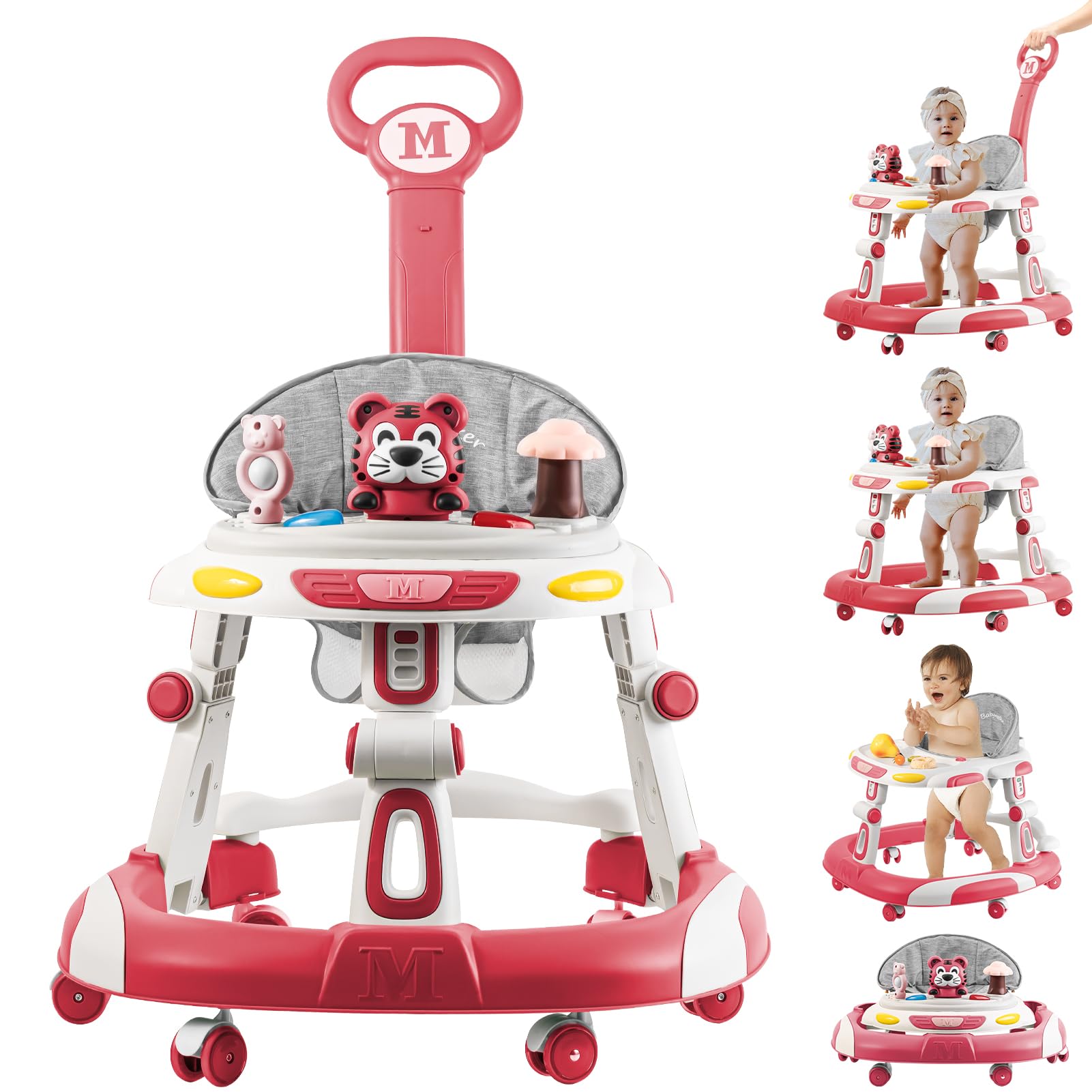 4-in-1 Foldable Baby Walker & Activity Center with Toy Tray - 3-Level Height Adjustable Infant Walker with Wheels for Boys & Girls 6-24 Months (Pink) | Perfect for Learning to Walk, Playtime & Early Development at Home