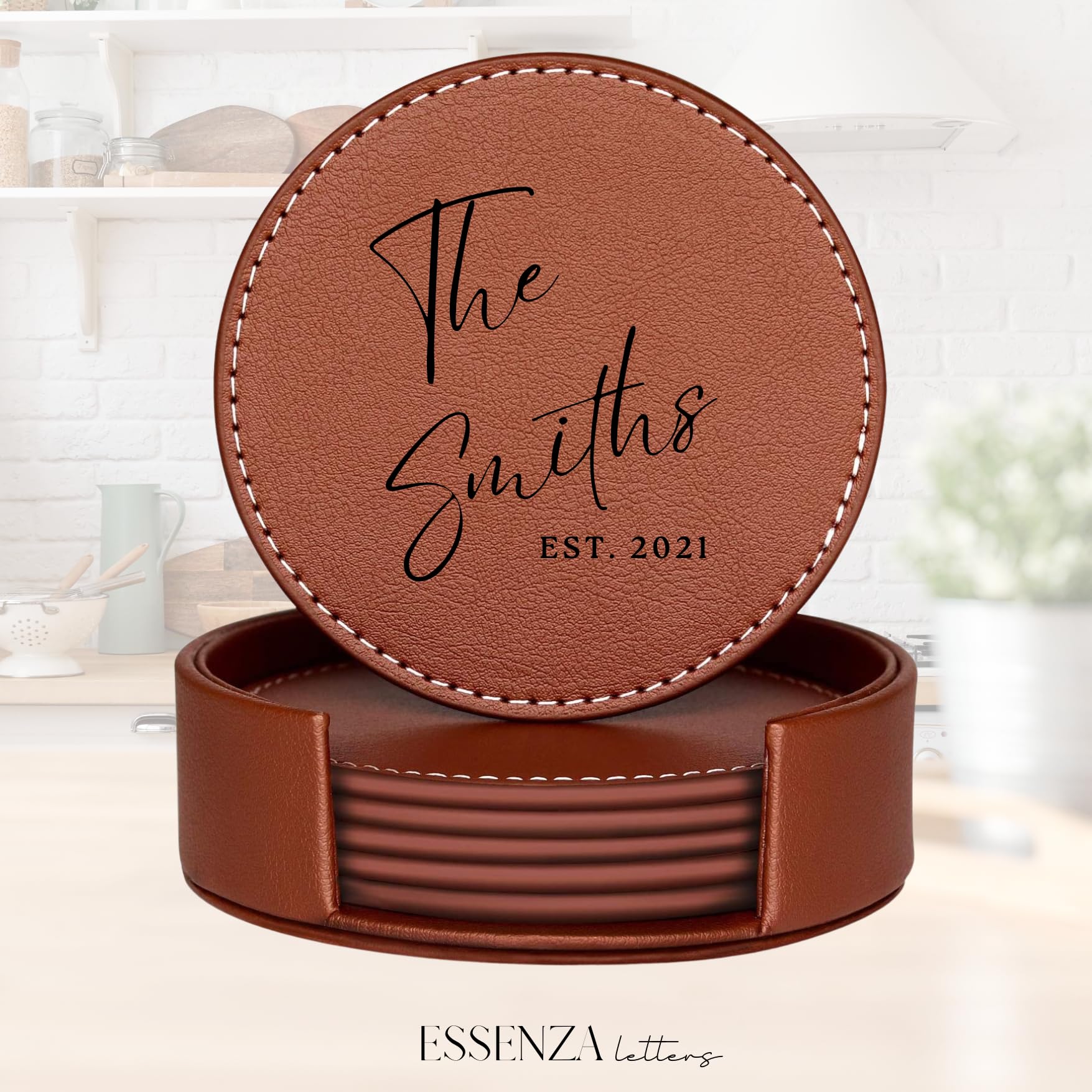 Set of 6 Personalized Engraved Leather Coasters with Holder | Handmade in USA | Custom Wedding, Anniversary & Housewarming Gifts | Perfect for Home Bar, Office Desk & Dinner Parties