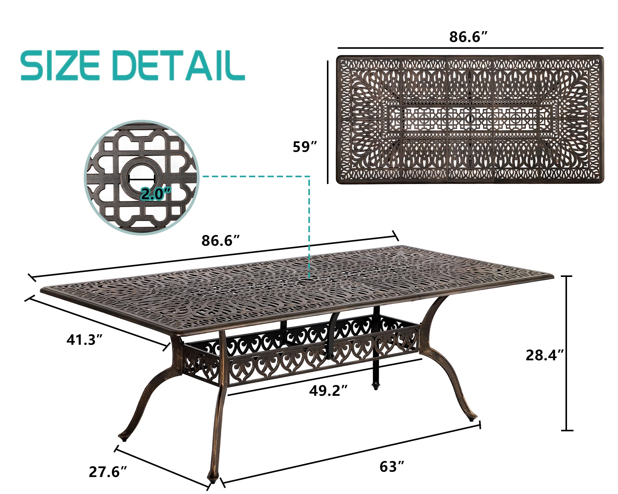 TITIMO 87 Inch Patio Dining Table - Durable Cast Aluminum Outdoor Rectangle Table with 2