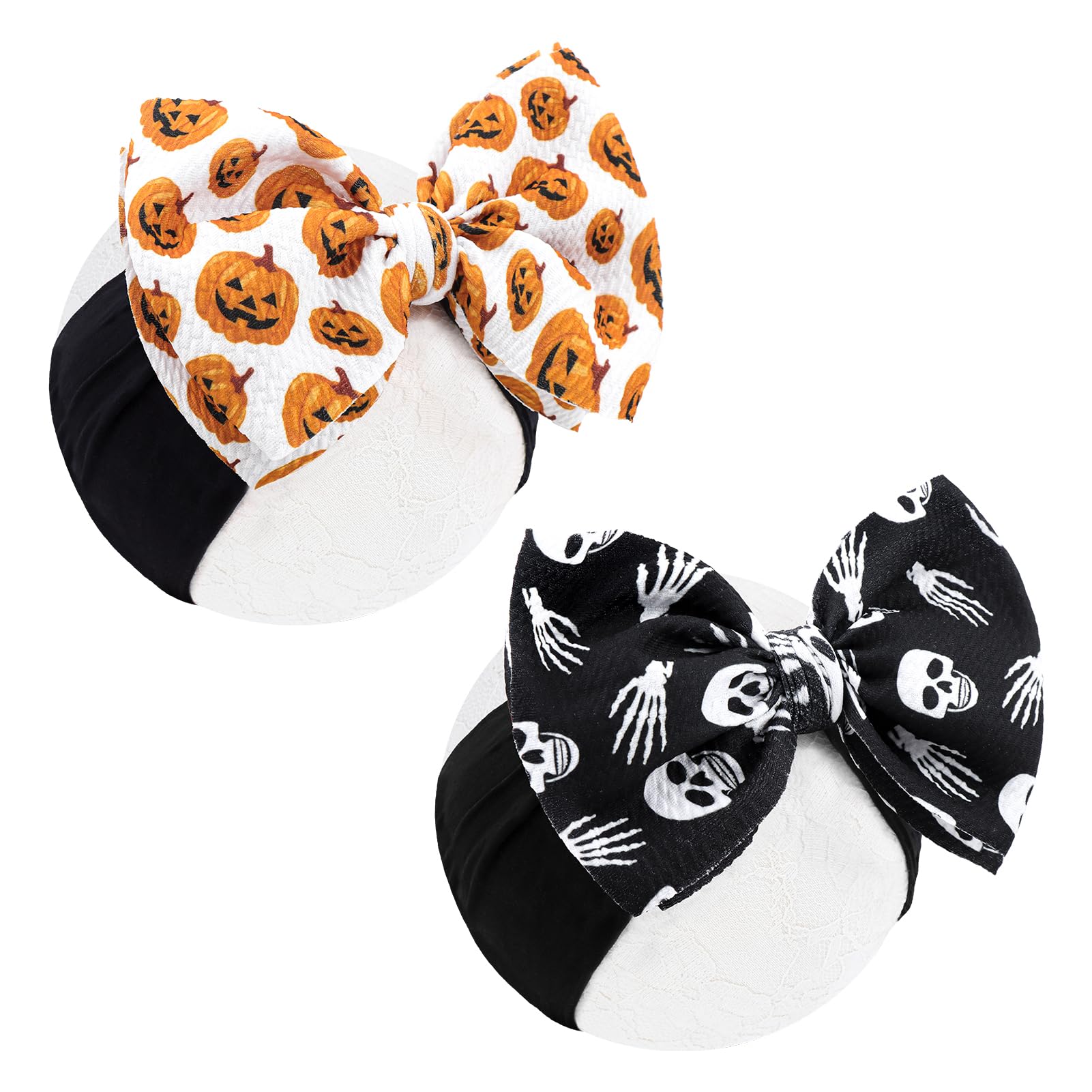 Halloween Hair Bows for Baby Girls - Pumpkin & Black Ghost Printed Headbands | Soft Nylon Hair Accessories for Newborns & Toddlers | Perfect for Halloween Costumes, Photo Shoots & Party Outfits
