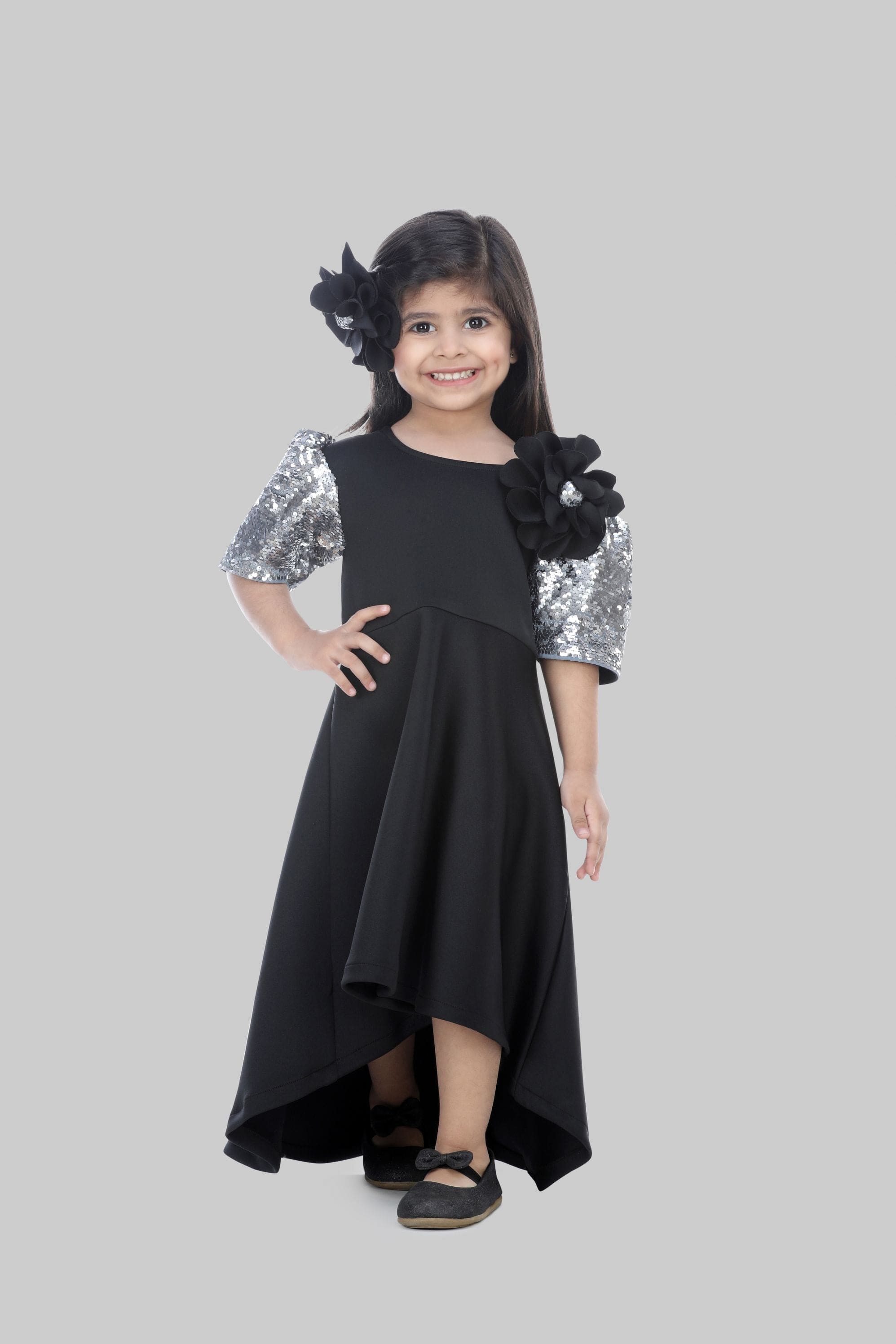 Pre Order: Elegant Black Dress with Sequin Fabric Sleeves for Evening Parties, Cocktail Events & Special Occasions