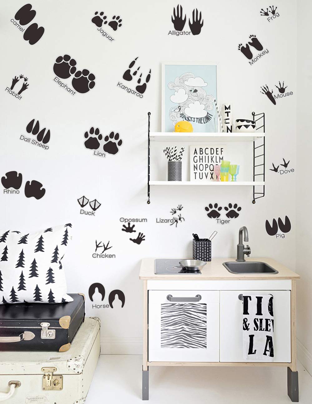 Animal Tracks Wall Decals (20-Piece Set) - Removable Peel & Stick Vinyl Stickers for Kids Room, Nursery, Classroom - Black Wildlife Footprint Decoration for Home Decor & Learning Activities