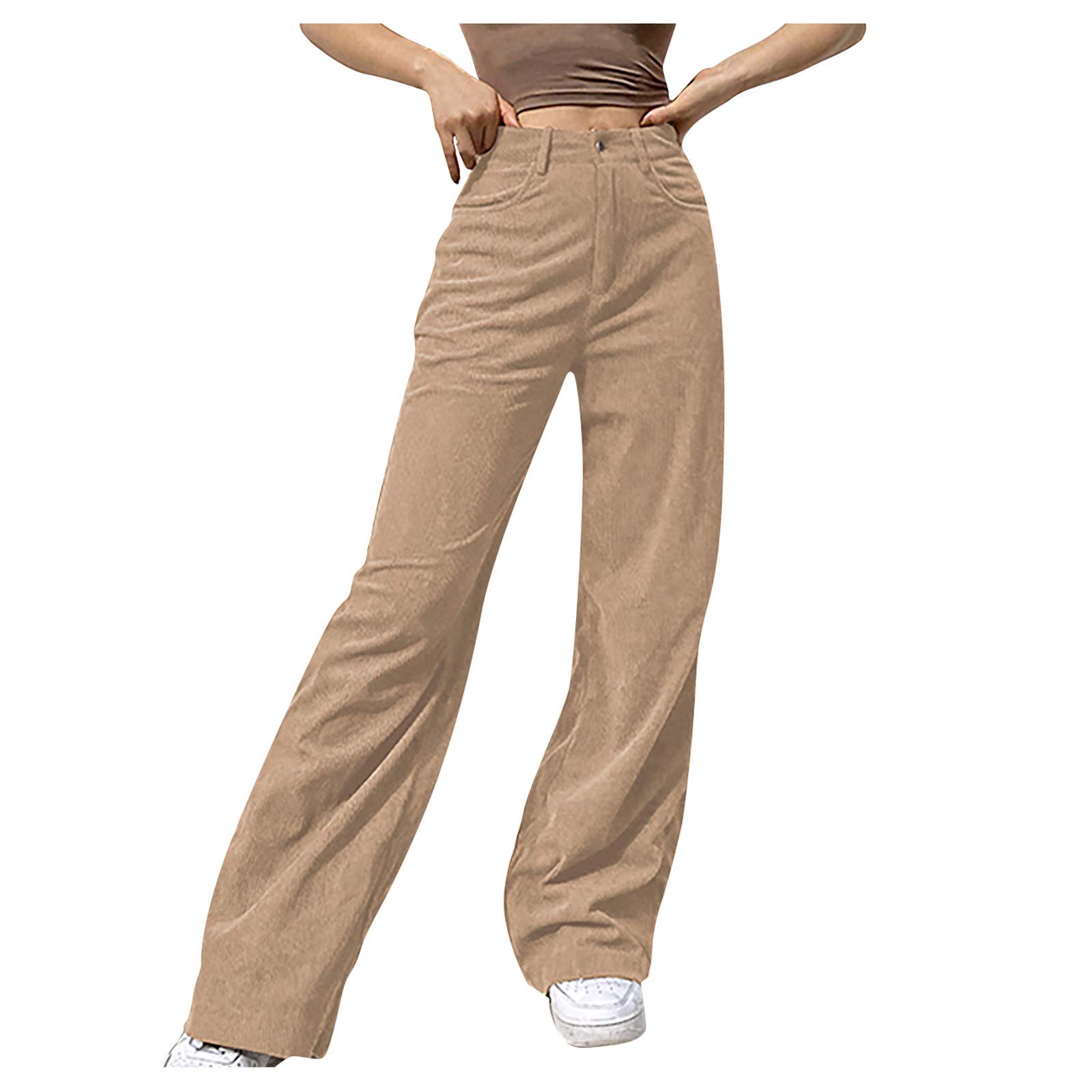 Women's High Waist Corduroy Pants - Mid Waisted Wide Leg Straight Casual Trousers | Y2K Fashion Trendy Baggy Pants for Everyday Wear, Office & Street Style