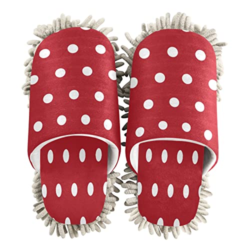 ALAZA White Polka Dots Red Warm Indoor Slippers - Unisex House Shoes for Women & Men with Floor Cleaning Function - Perfect for Kitchen, Living Room, Bedroom - Cozy Home & Cleaning Solution