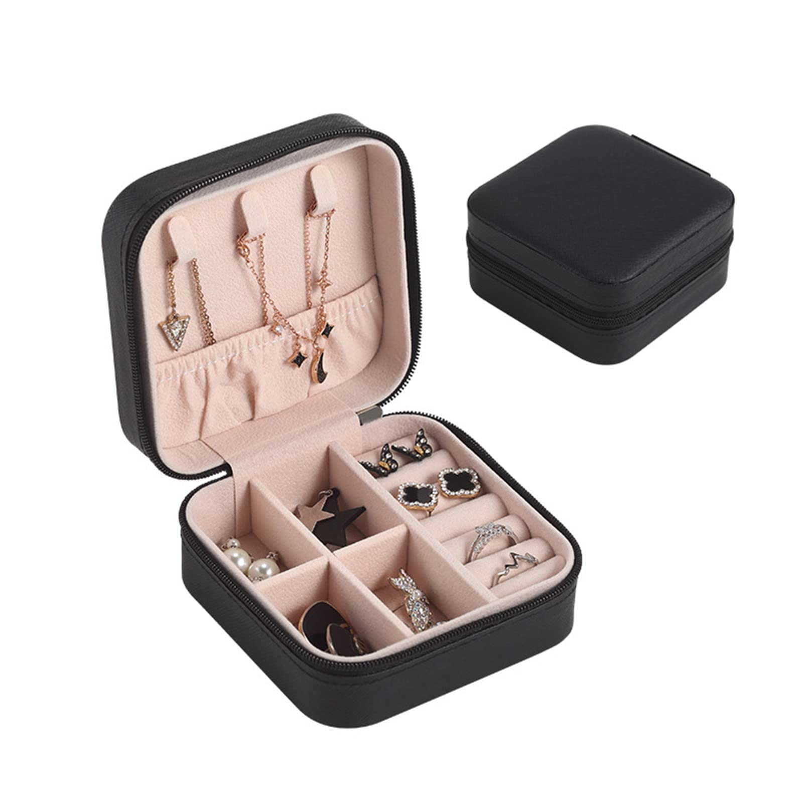 Kzimis PU Leather Travel Jewelry Organizer Box - Portable Mini Jewelry Case for Rings, Necklaces, Earrings & Bracelets - Perfect for Vacation, Business Trips & Daily Storage (Black)