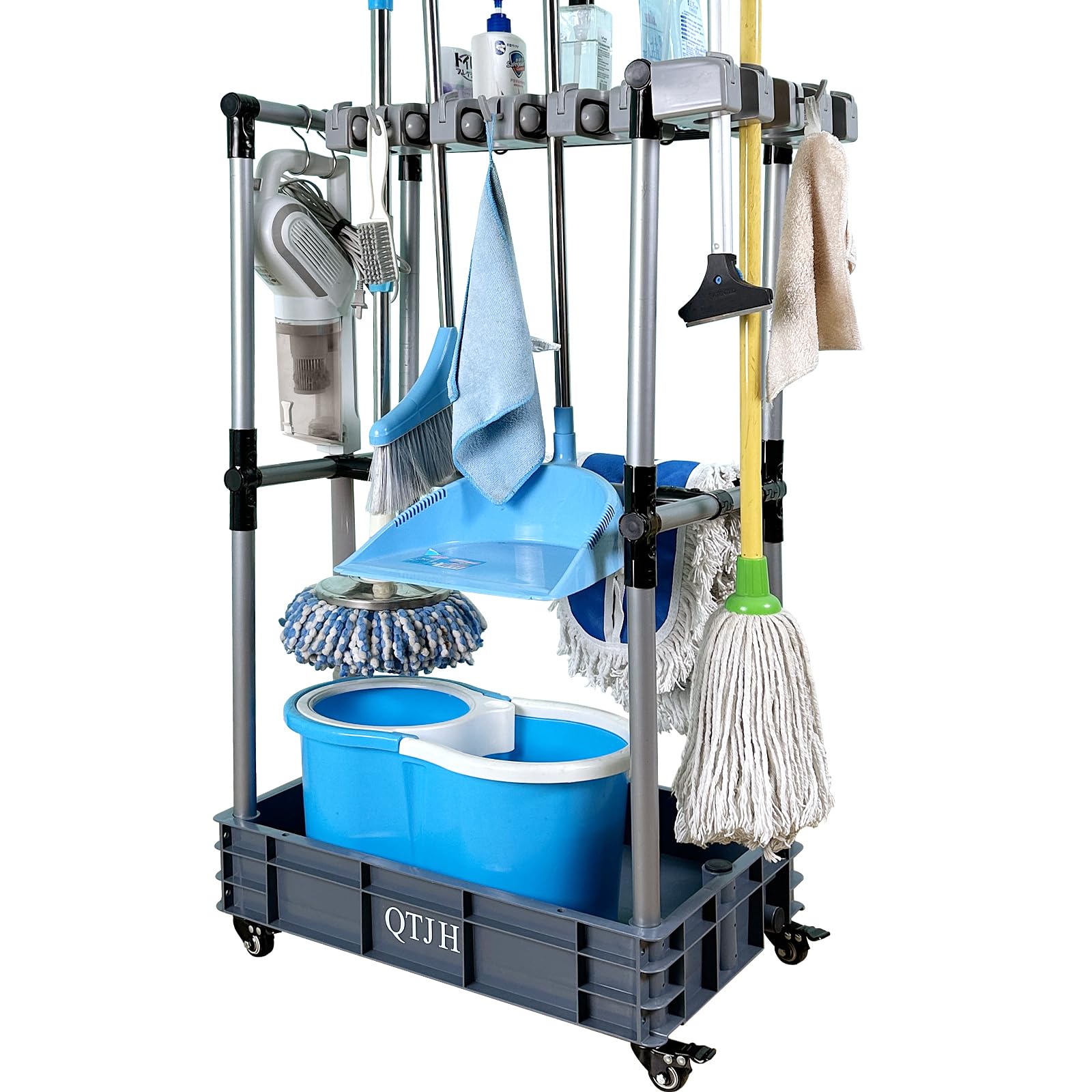 QTJH Floor-Standing Multi-Functional Cleaning Tool Organizer - Wall Mount Broom & Mop Holder with Hooks for Storage of Cleaning Supplies - Perfect for Kitchen, Garage, Laundry Room & Bathroom Organization