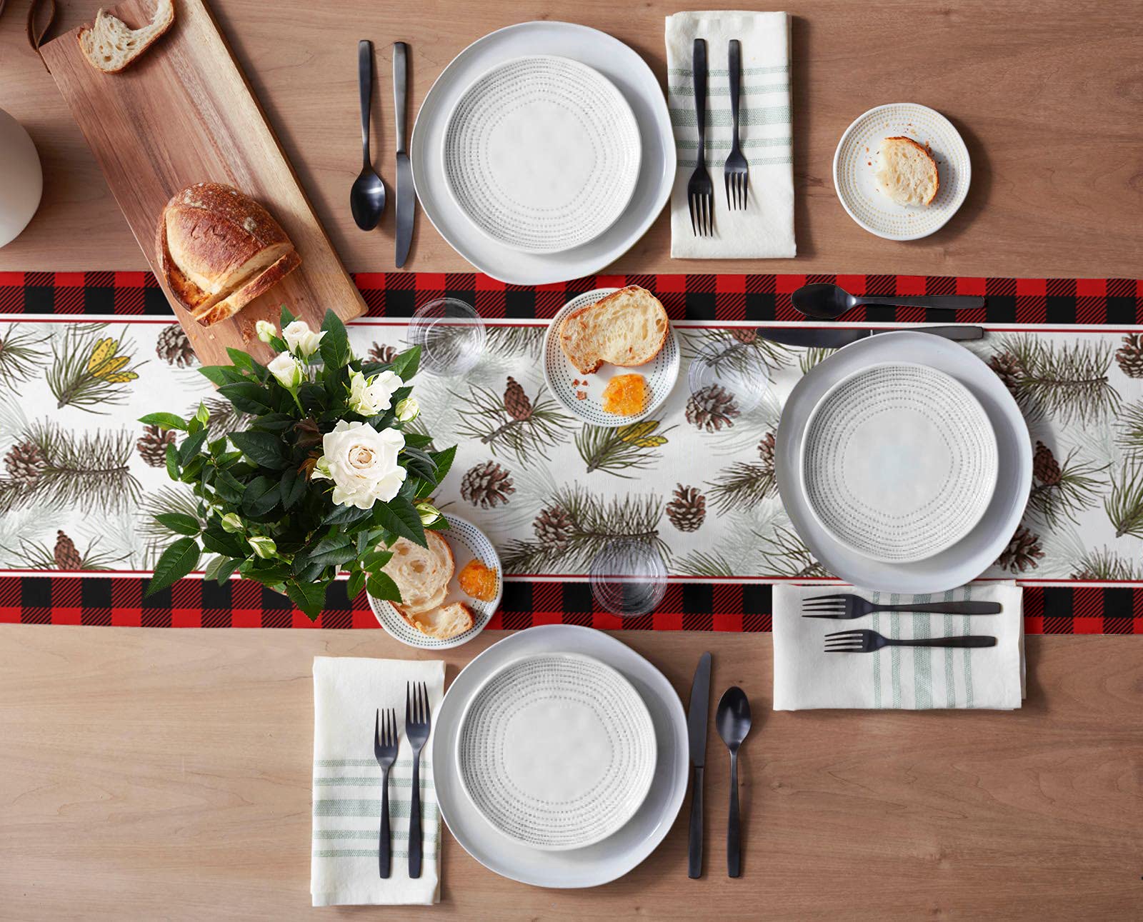 Christmas Cotton Linen Table Runner - Buffalo Plaid Pine Tree Design Holiday Decor for Dining Table, Kitchen, Farmhouse - 13x70 Inch (Perfect for Christmas Dinner, Party Decorations & Festive Home Styling)
