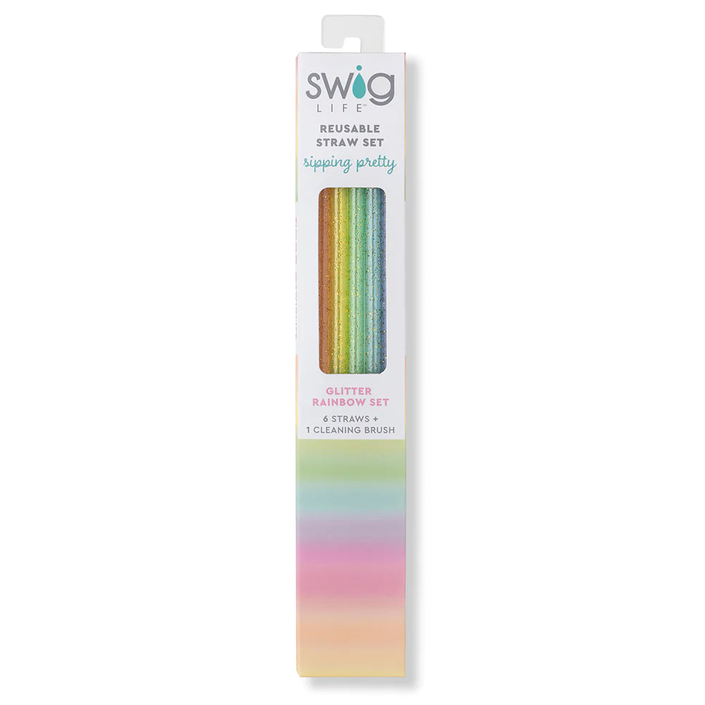 Rainbow Glitter Reusable Straw Set - 12 Pack Eco-Friendly Stainless Steel Drinking Straws with Cleaning Brush | Perfect for Smoothies, Cocktails, Parties & Home Use