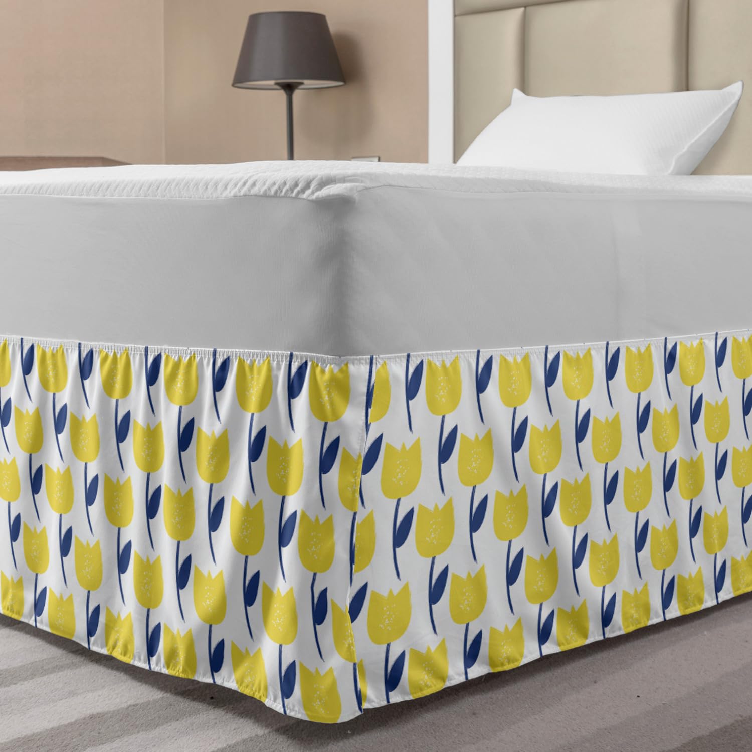 Ambesonne Tulip Bed Skirt - Floral Branches Spring Design with Elastic Wrap Around, Gathered Full Size Bedding Decor in Night Blue & Mustard | Perfect for Master Bedroom, Guest Room, and Home Staging