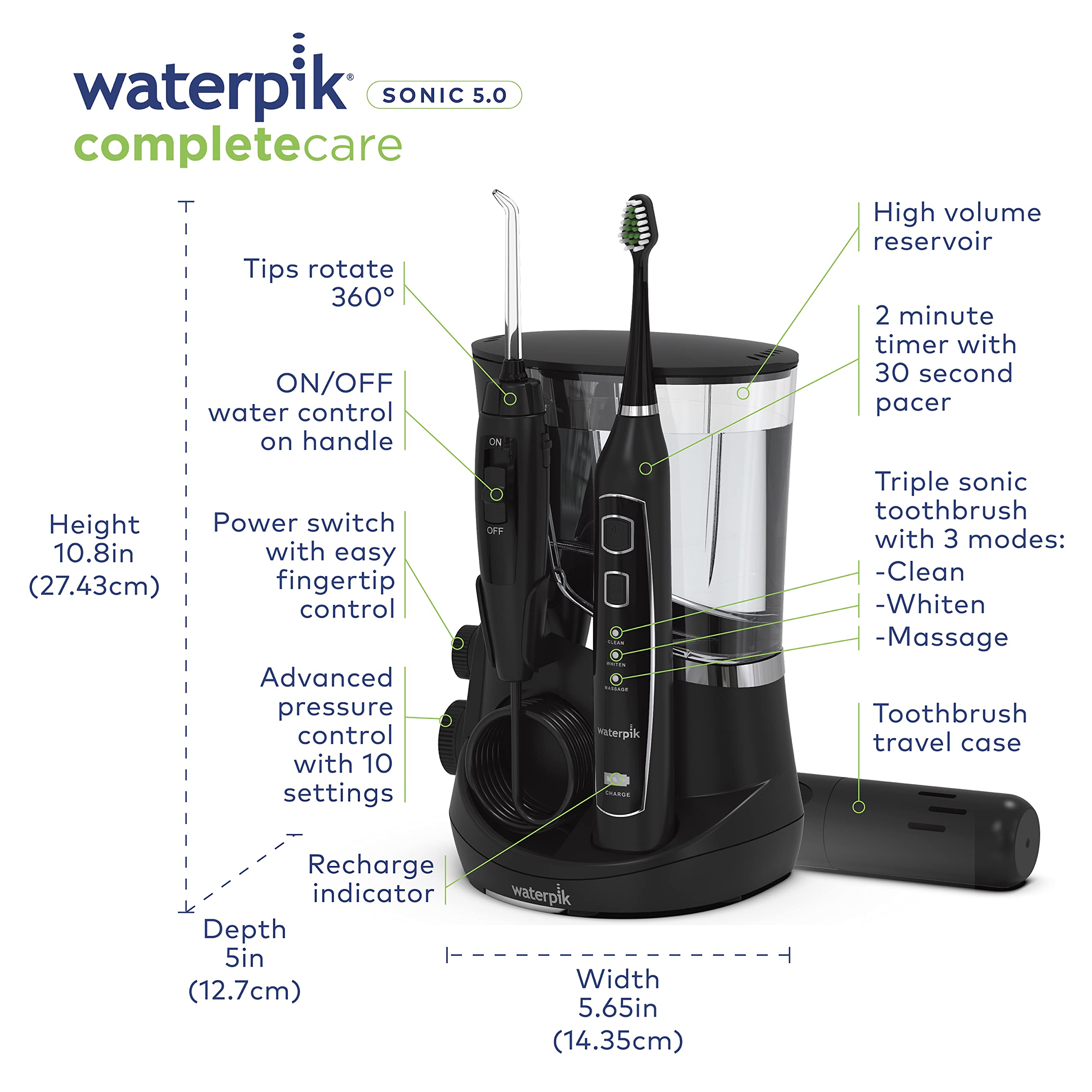 Waterpik Complete Care 5.0 Water Flosser and Sonic Electric Toothbrush Set - Professional Dental Care for Teeth Cleaning, Plaque Removal, and Gum Health (Black, WP-862) - Perfect for Home Oral Hygiene and Travel Use