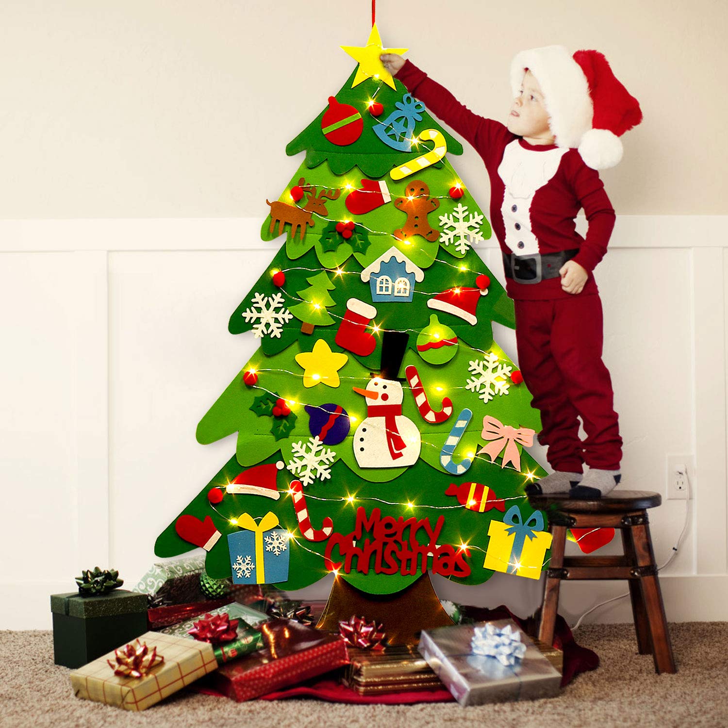 3.2ft DIY Wall Mount Christmas Tree with 32 Ornaments & 50 LED Lights - Holiday Home Decor for Living Room, Bedroom, Office & Party Decoration