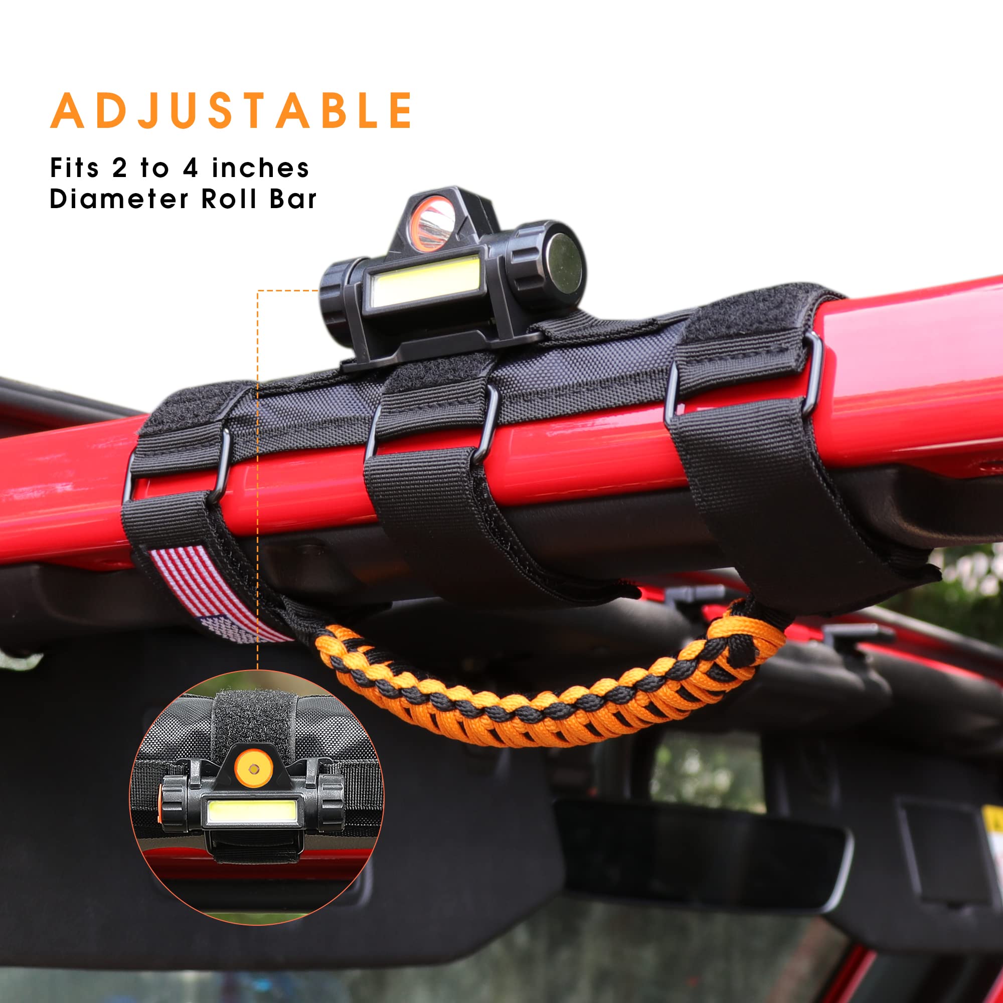 Jeep Wrangler Grab Handles with LED Light - Universal Fit for TJ JK JL YJ Unlimited Rubicon Sahara (2/4 Door) & Gladiator JT - Rechargeable Dome Light - Orange (4 Pack) - Perfect for Off-Roading & Nighttime Entry/Exit