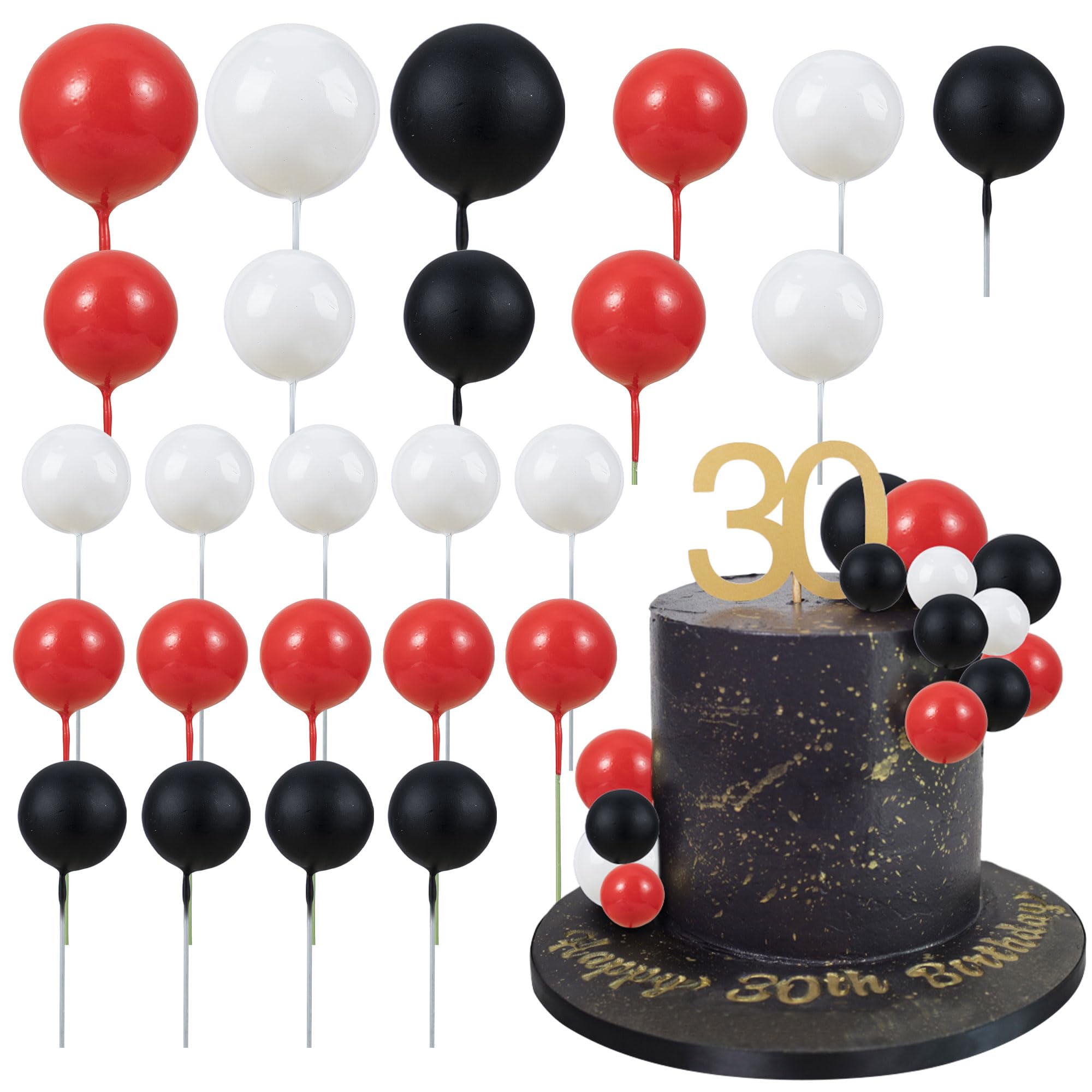 30Pcs Mini Balloon Cake Toppers - Foam Ball Cake Decorations with Sticks for Wedding, Birthday Party, Baby Shower - Red, Black, White Cake Picks for DIY Dessert Decorating
