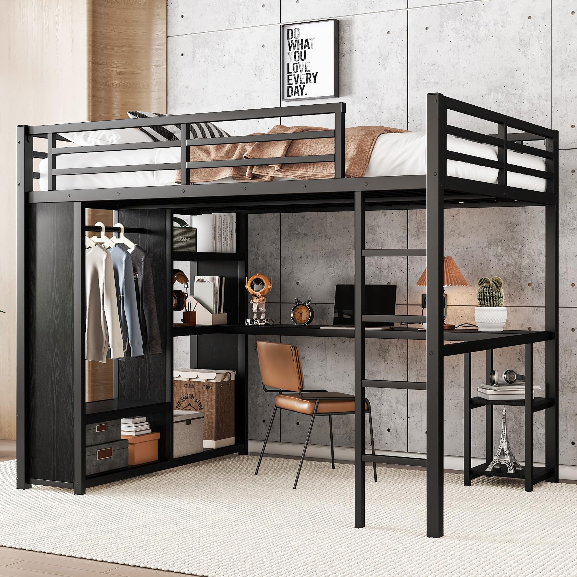 Queen Metal Loft Bed with Desk & Wardrobe - Heavy Duty Space-Saving Bed Frame with 6 Storage Shelves, Ladder & High Safety Guardrails | Sturdy Squeak-Free Design, No Box Spring Required in Polar Black | Perfect for Small Apartments, Dorms & Kids' Rooms