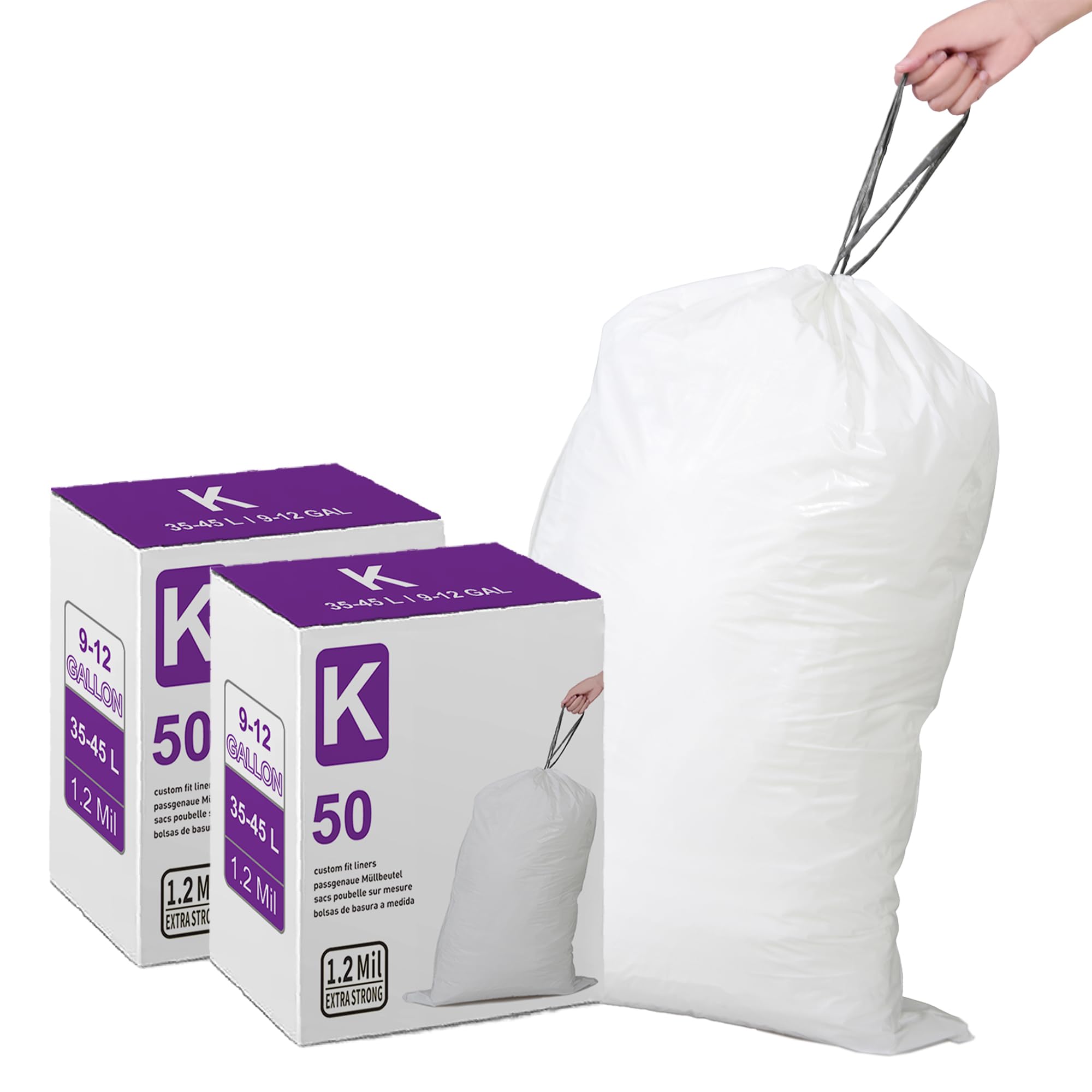 **2 Pack (100 Count) Heavy Duty 9-12 Gallon Trash Bags - 1.2 Mil Thick, Reinforced Drawstring, Leak-Proof & Tear-Resistant - Compatible with Simplehuman Trash Cans - Perfect for Kitchen, Bathroom & Office Waste Disposal**