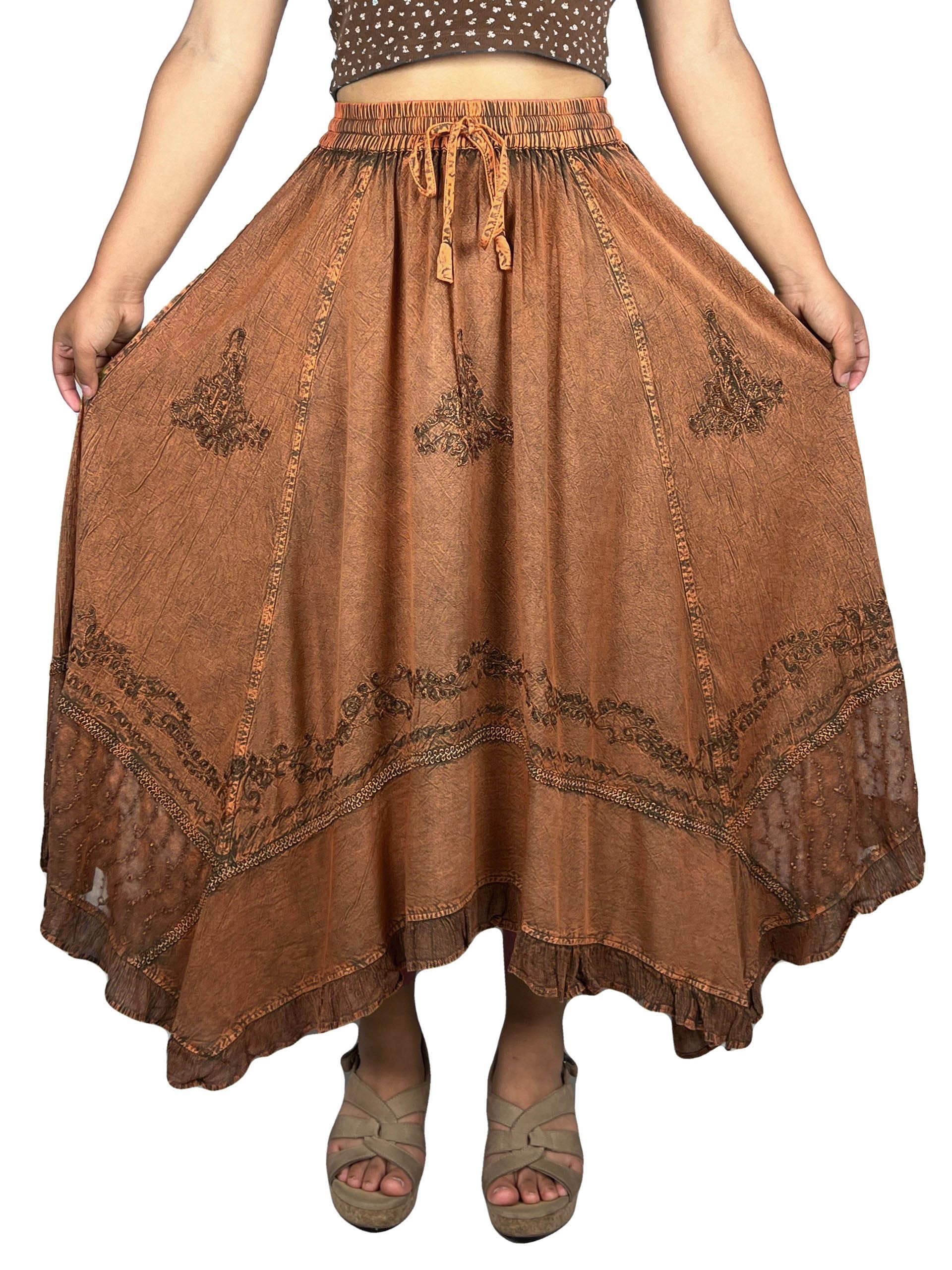 Agan Traders 2025 Spring Women's Flowy Handkerchief Hem Midi Maxi Skirt - Bohemian Embroidered Ruffle Long Skirt for Casual, Beach & Festival Wear