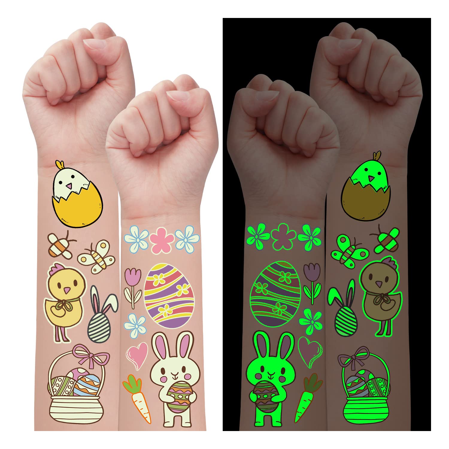 Glow in the Dark Easter Temporary Tattoos for Kids - 40 Styles Luminous Easter Egg Designs - Party Decorations, Favors & Stickers (2 Sheets) - Perfect for Easter Egg Hunts, Birthday Parties & Holiday Celebrations