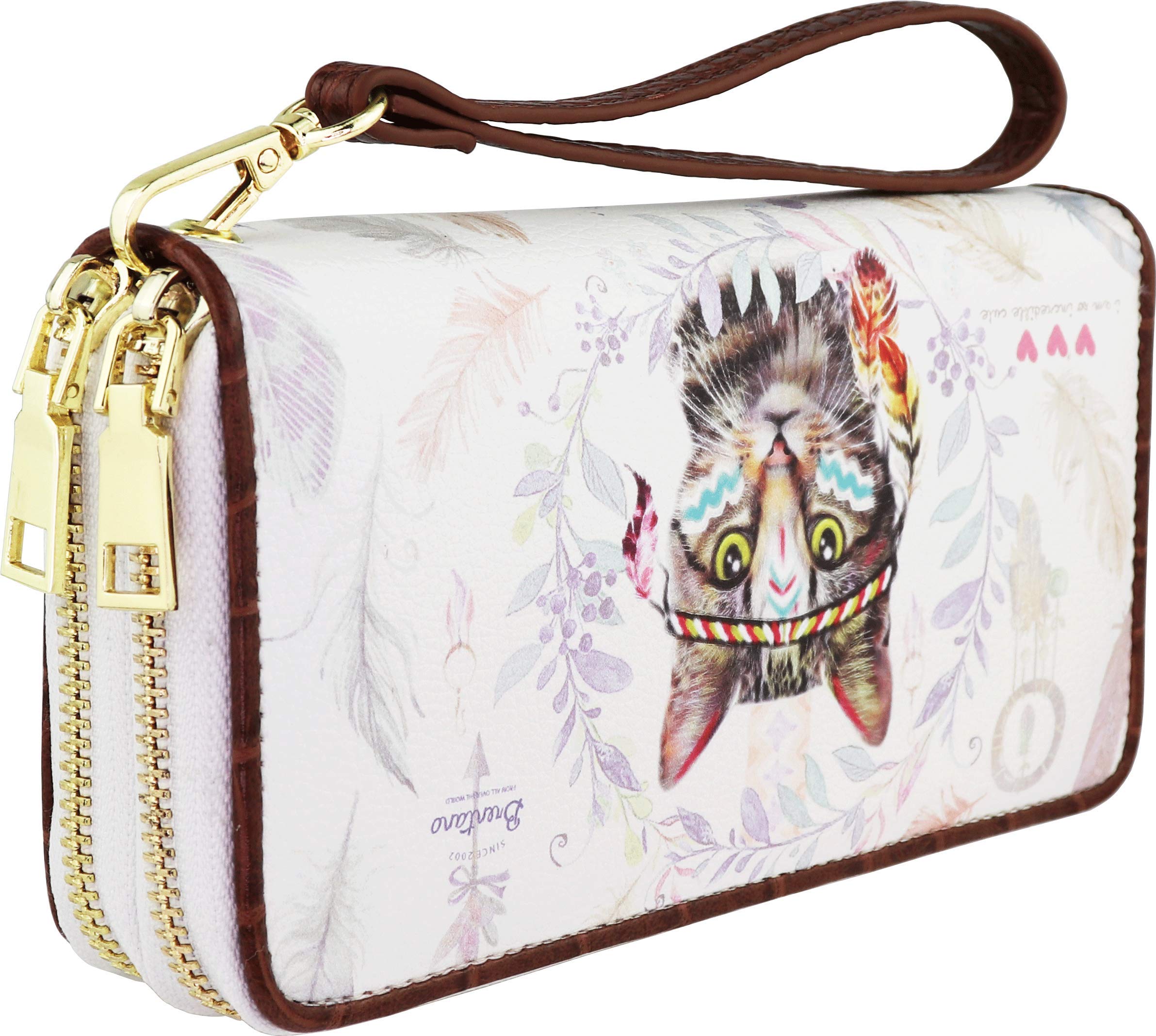 Vegan Animal Print Wallet Clutch with Removable Strap - Cute Boho Feline Design for Women | Crossbody Purse for Everyday Use, Travel & Casual Outings