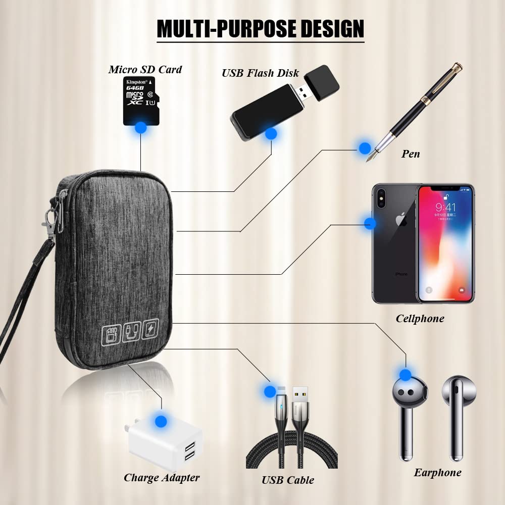 Portable Electronic Organizer Bag - Travel Cable Cord Organizer Case Pouch for Charger, Hard Drive, Earphones, USB & SD Cards - Compact & Durable (Grey) | Perfect for Travel, Office & Home Storage