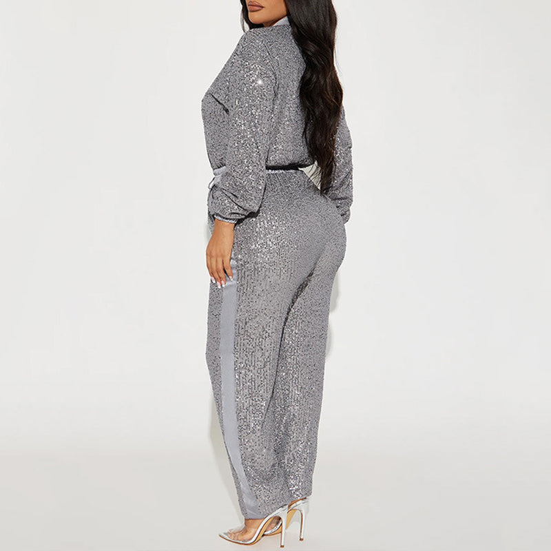 Sexy Sequined Deep V-Neck Jumpsuit for Women - Sparkly Party Outfit for Nightclub, Evening Events & Special Occasions