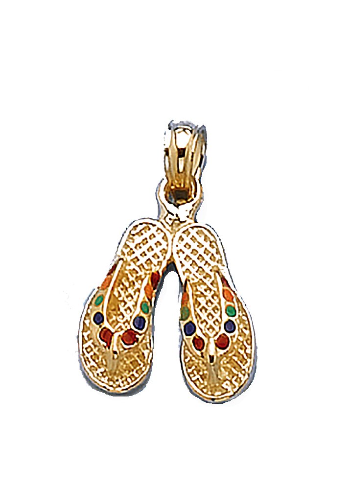 14K Yellow Gold Beach Charm Pendant - Double Flip Flop Design with Vibrant Multi-Color Enamel | Perfect for Summer Vacations, Beach Weddings & Tropical Jewelry Gifts