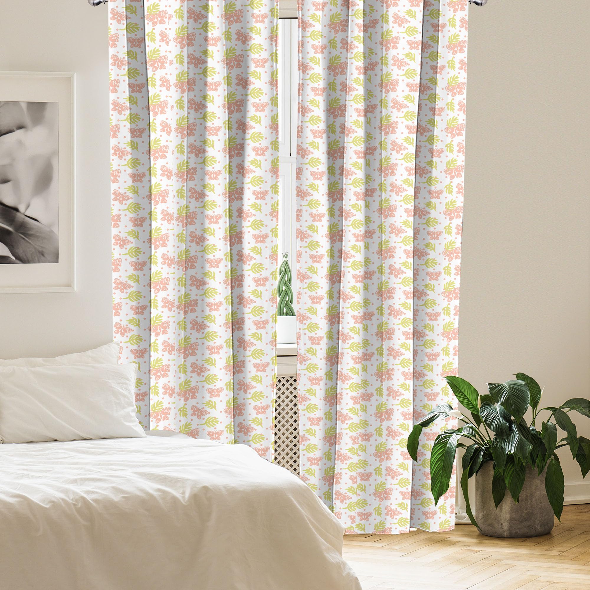 Ambesonne Blush Pink Curtains with Leafy Branches & Abstract Butterflies on Polka Dots - 2 Panel Window Treatments (28