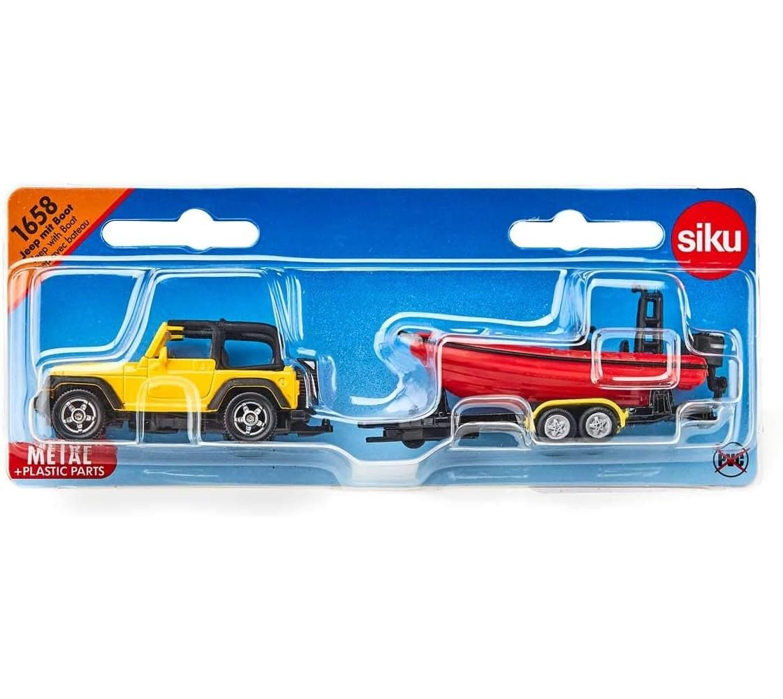 Siku 1658 Jeep with Boat - Yellow/Red Metal/Plastic Toy for Water Play