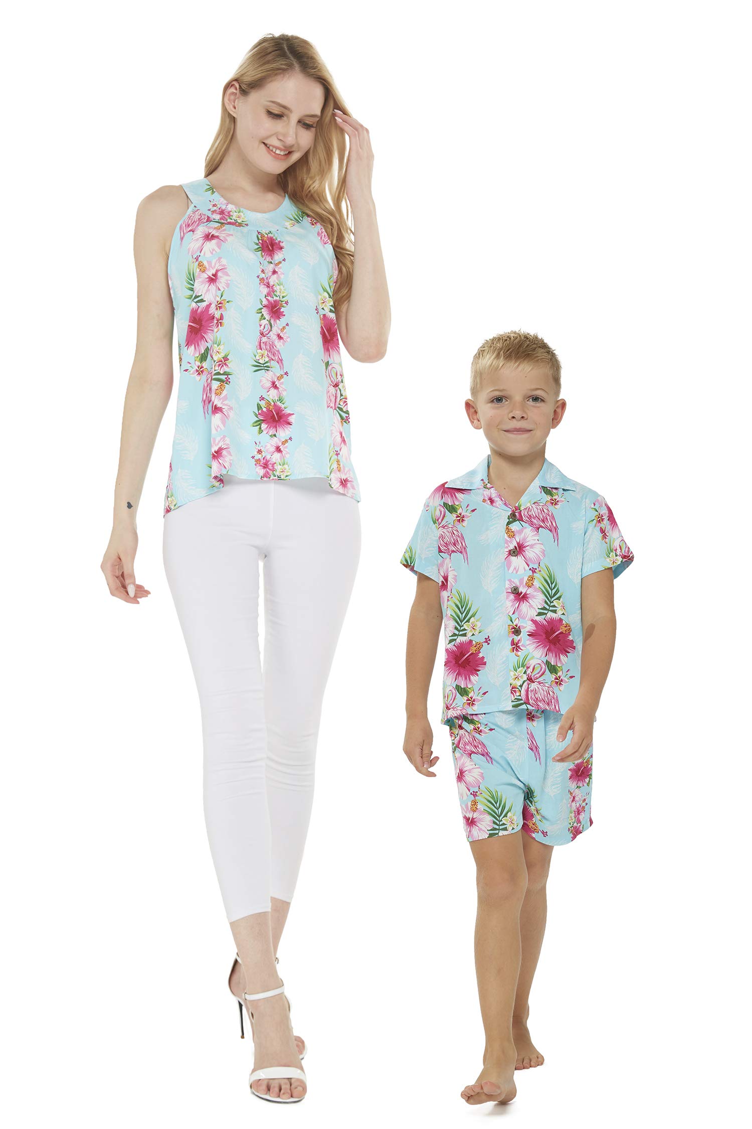 **Matching Mother and Son Hawaiian Luau Outfit - Pink Hibiscus Vine Print Shirt for Tropical Party, Beach Vacation, and Family Photo Shoot**