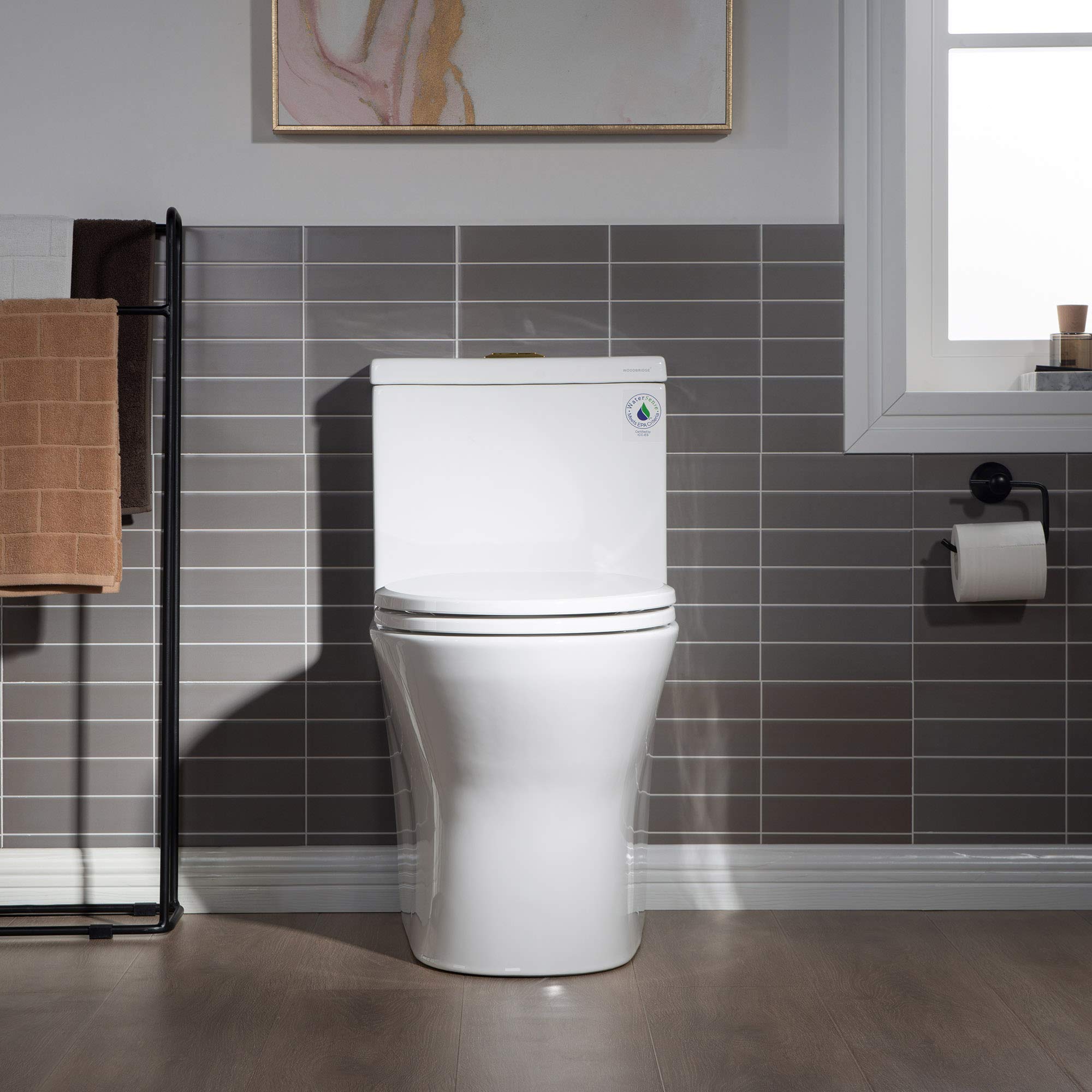 WOODBRIDGE Compact Dual Flush 1.28 GP One Piece Toilet with Soft Closing Seat - 1000 Gram MaP Flushing Score - Small Bathroom Toilet with Brushed Gold Button (B0500-BG, White) - Perfect for Tiny Bathrooms, Powder Rooms & Space-Saving Home Renovations